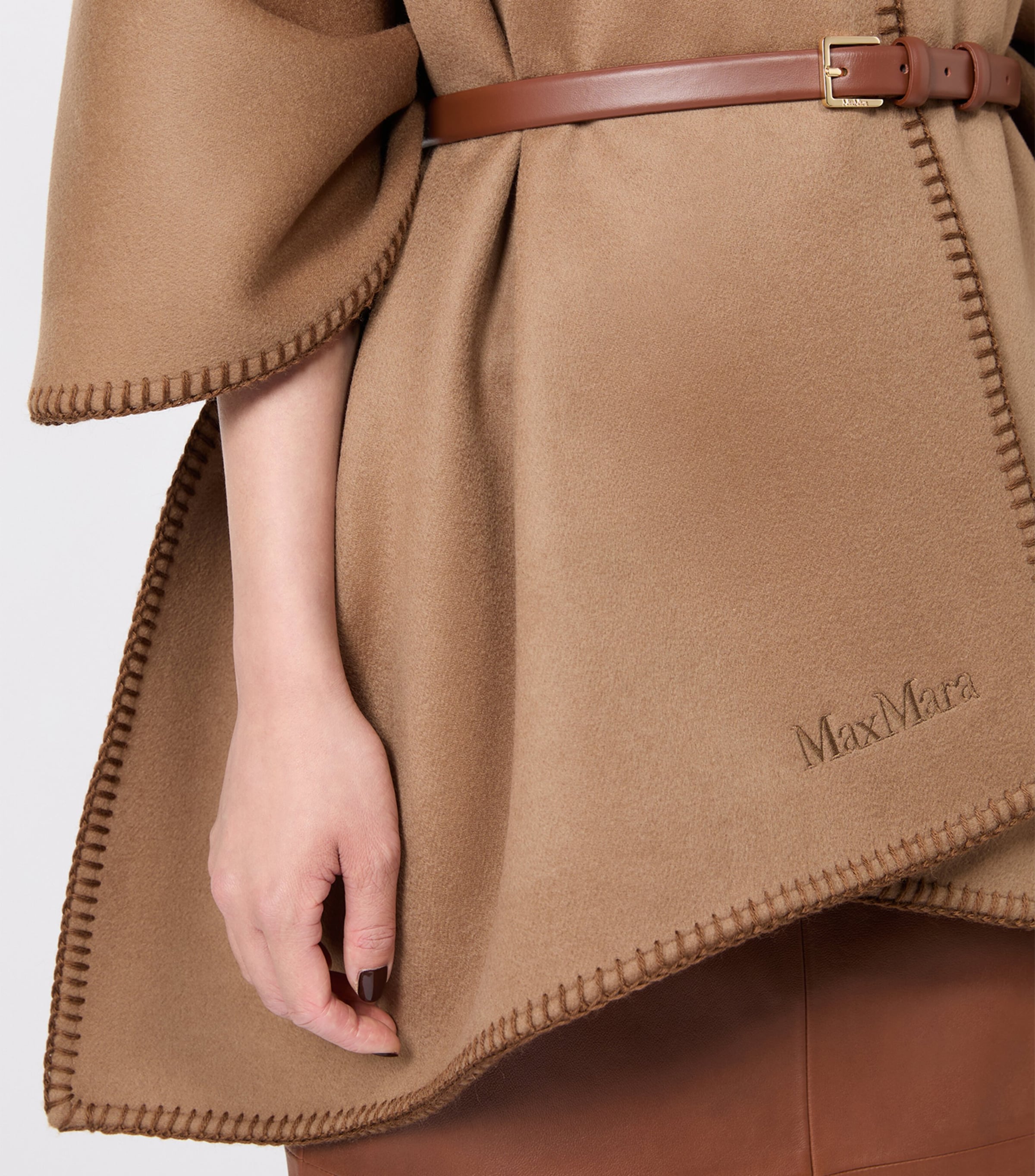 Max Mara Womens Virgin Wool Logo Cape and Belt Camel Image 5