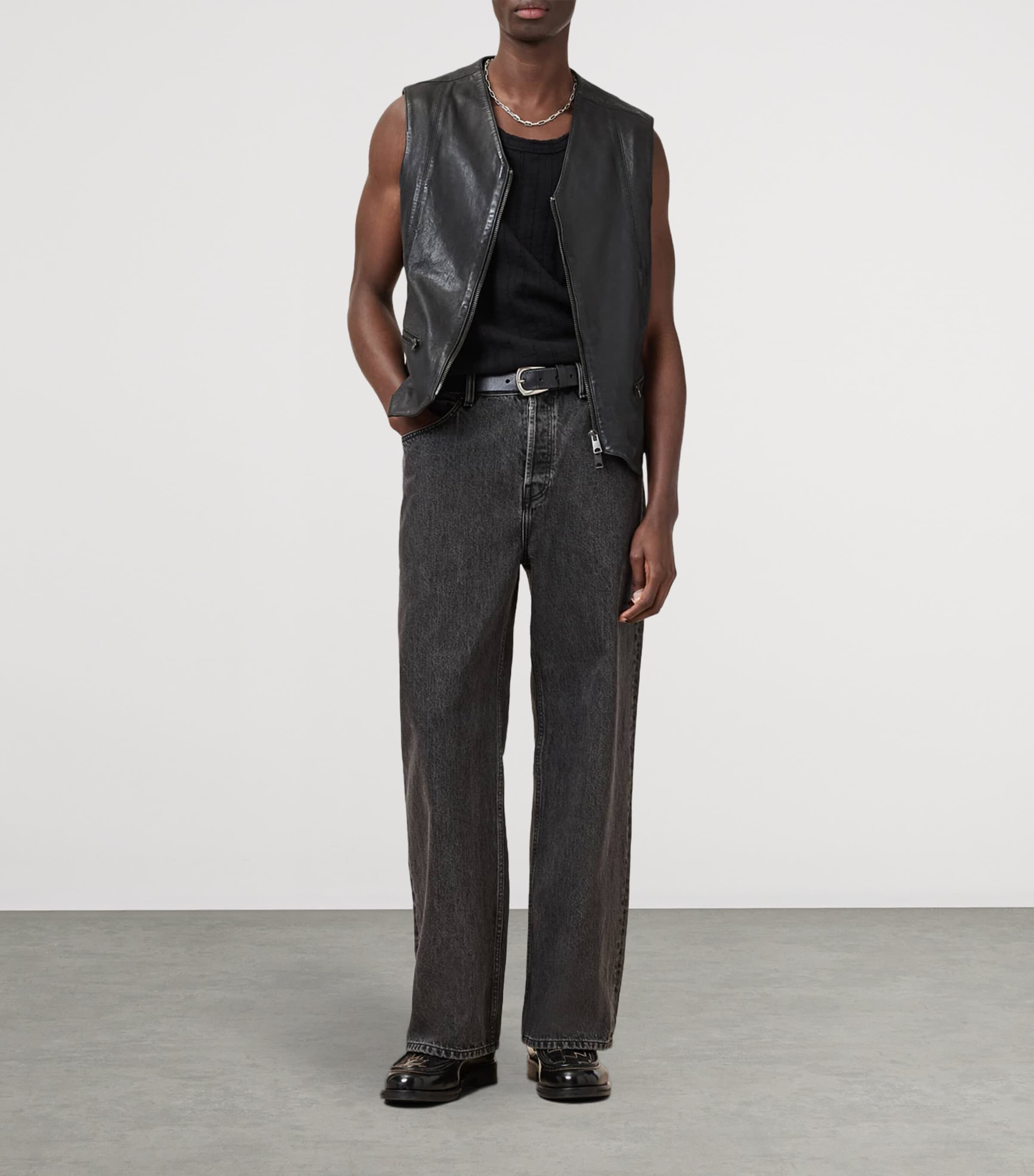 AllSaints Mens Leather Davies Waistcoat Black Image 7