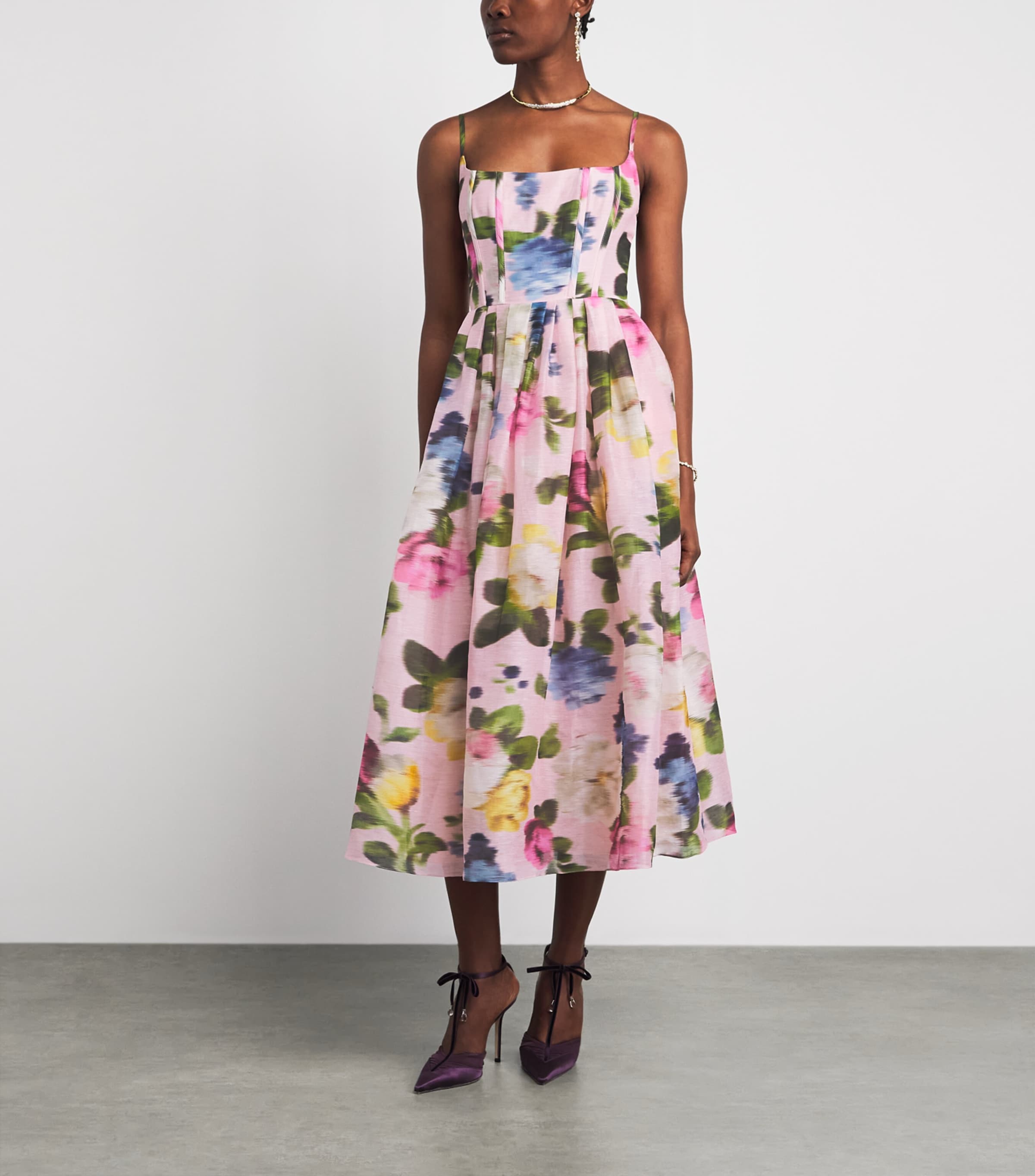 Carolina Herrera Womens Linen-Silk Floral Midi Dress Rosewater Multi Image 2