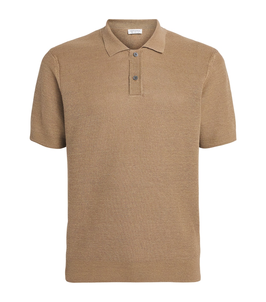 Sunspel Mens Linen-Silk Honeycomb Polo shirt Brgt Hazelwood Image 1