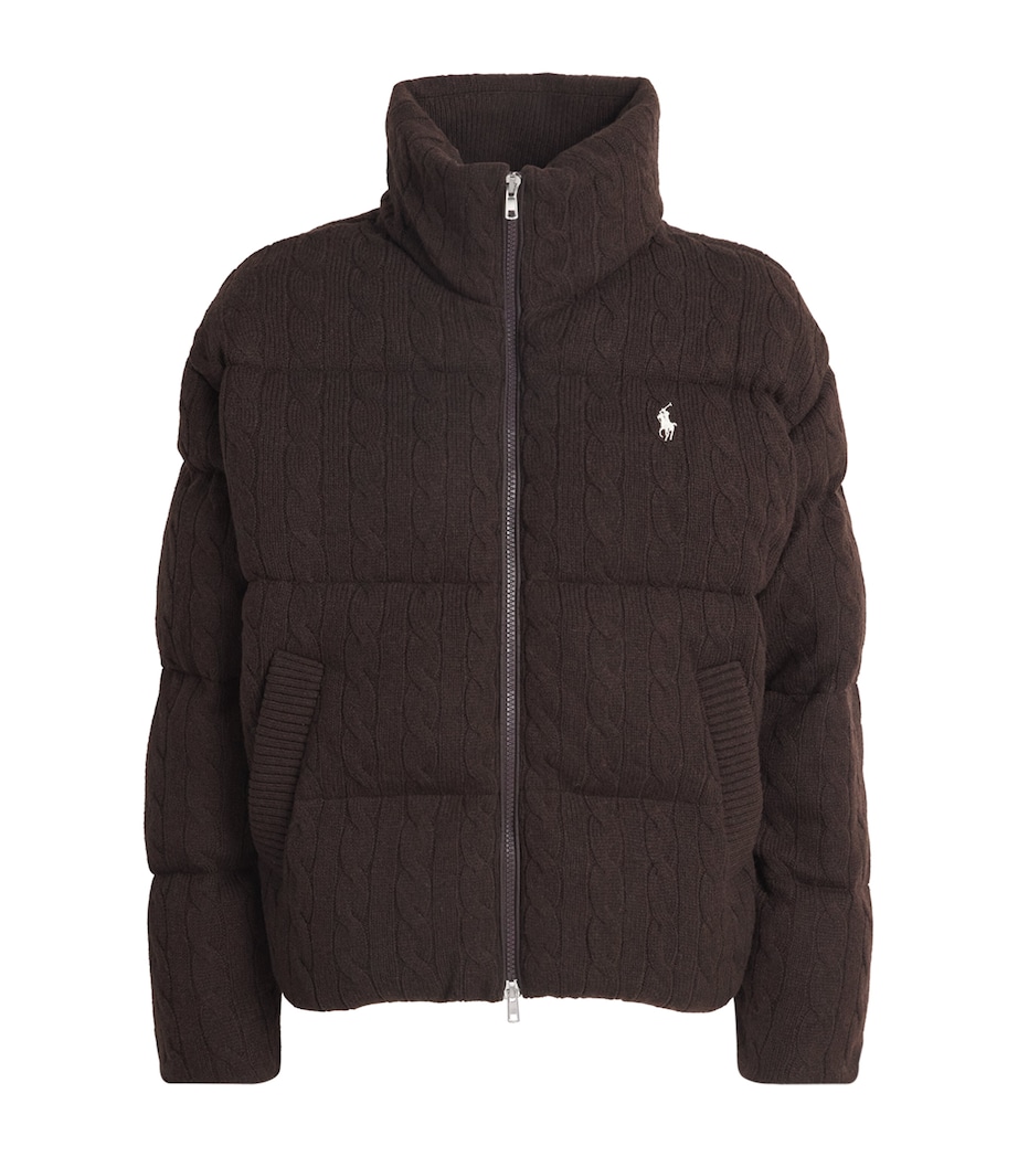Polo Ralph Lauren Womens Wool-Cashmere Cable-Knit Puffer Jacket Walnut Brown Melange Image 1