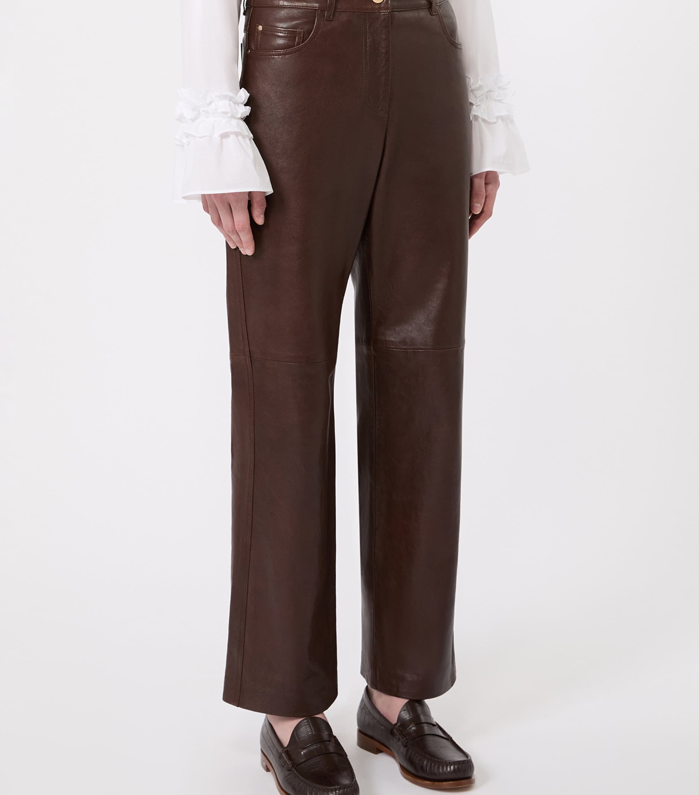 Max Mara Womens Leather Straight Trousers Dark Brown Image 3