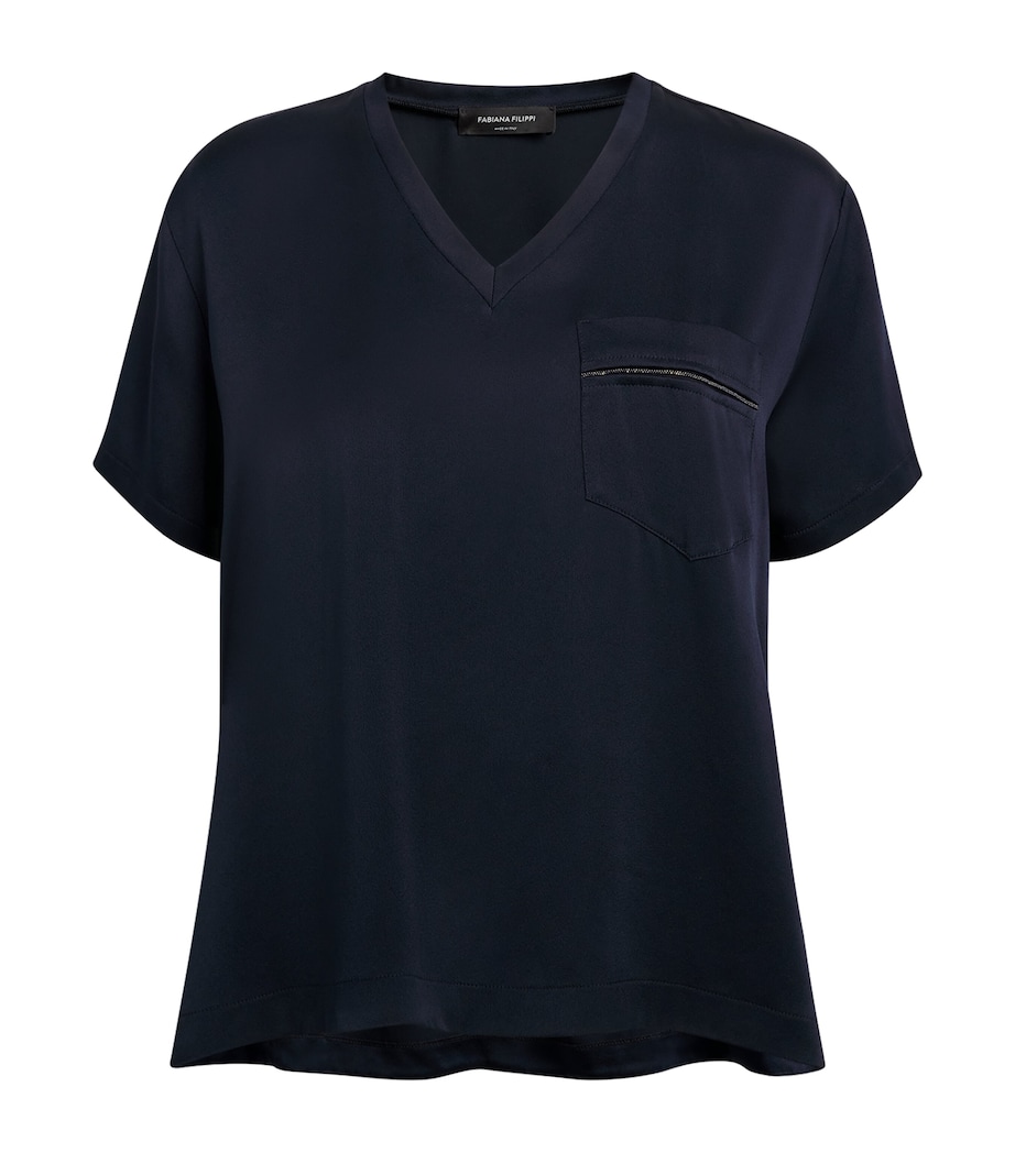 Fabiana Filippi Womens Embellished V-Neck T-Shirt Blu Notte Image 1