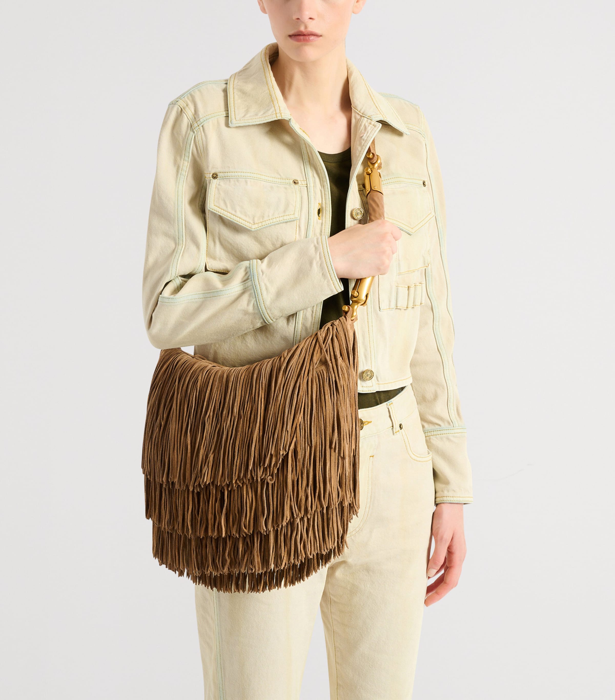Balmain Suede Fringe Ébène Shoulder Bag Marron Image 2