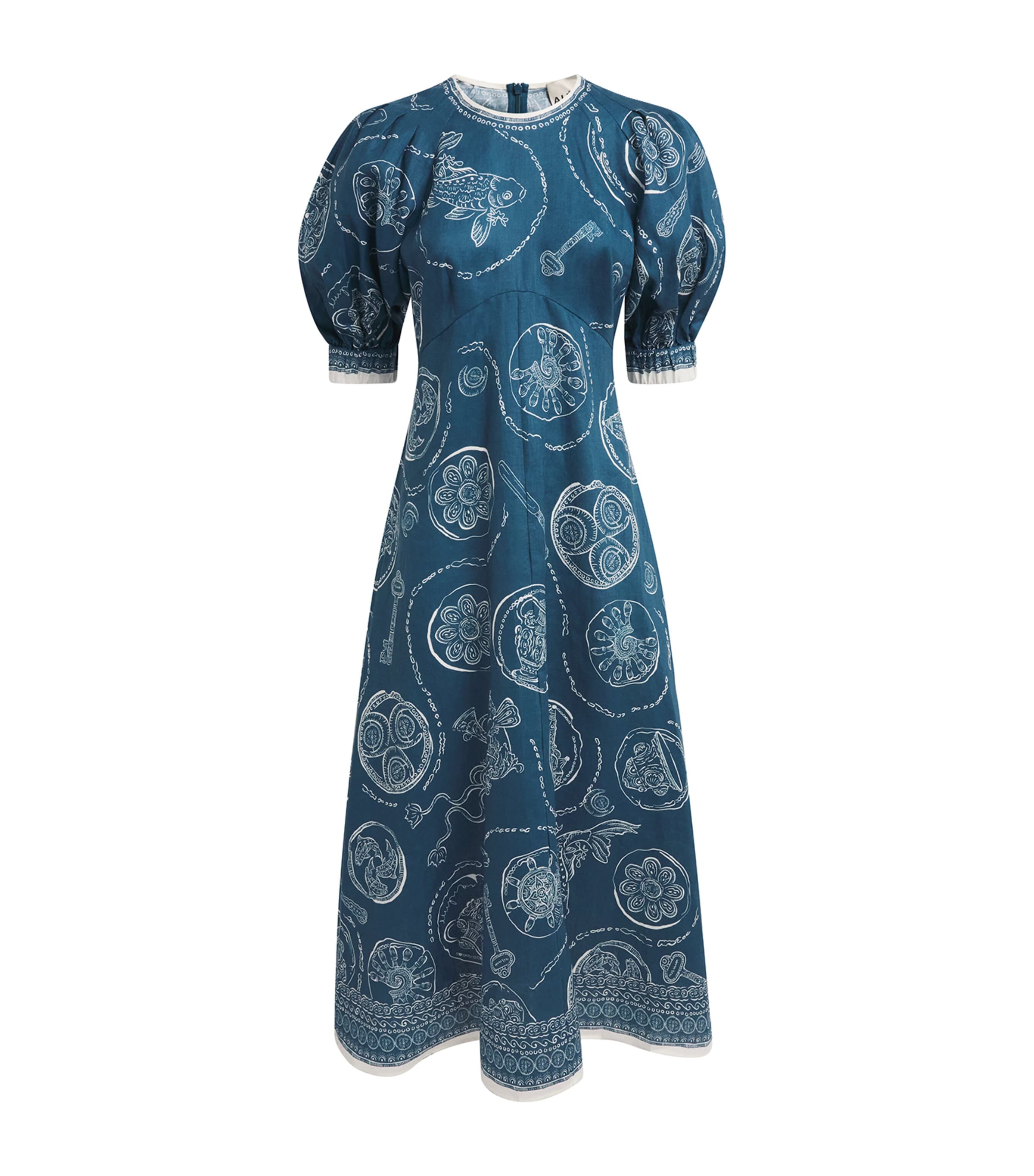 ALEMAIS Womens Linen Printed Lucky Midi Dress Blue Image 1
