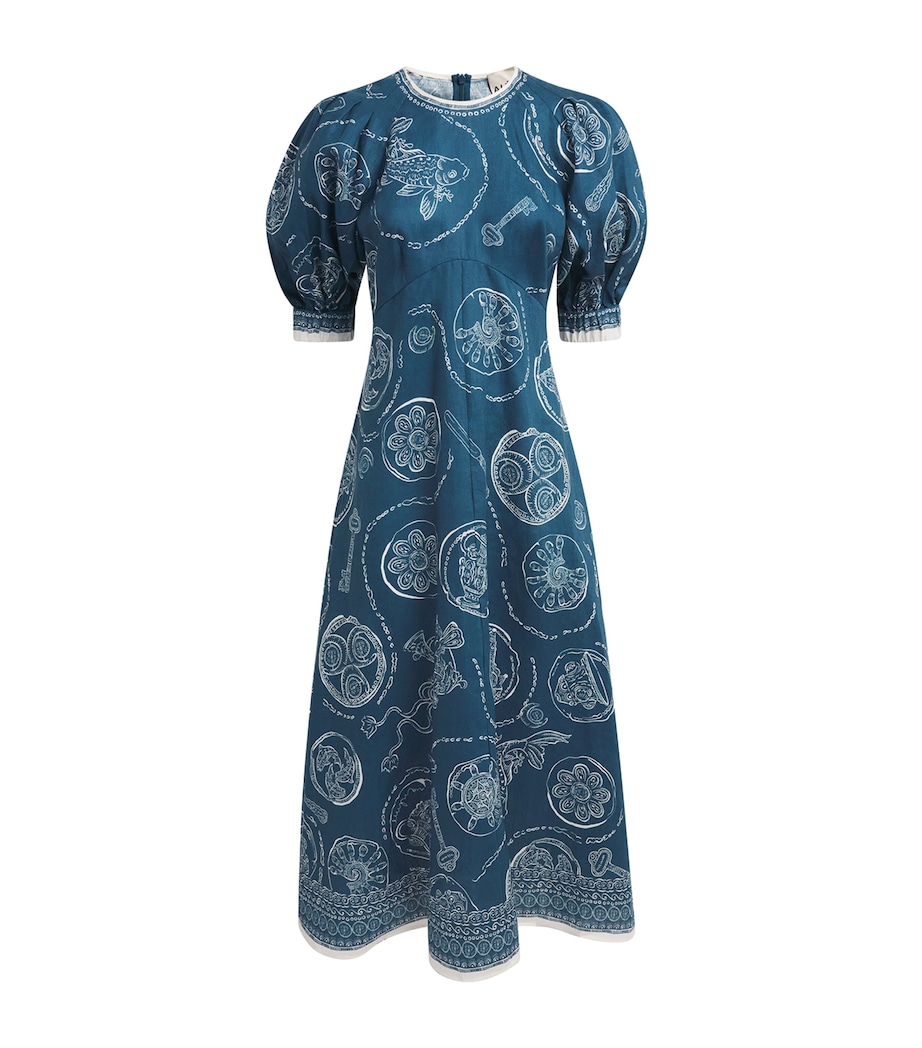 ALEMAIS Womens Linen Printed Lucky Midi Dress Blue Image 1