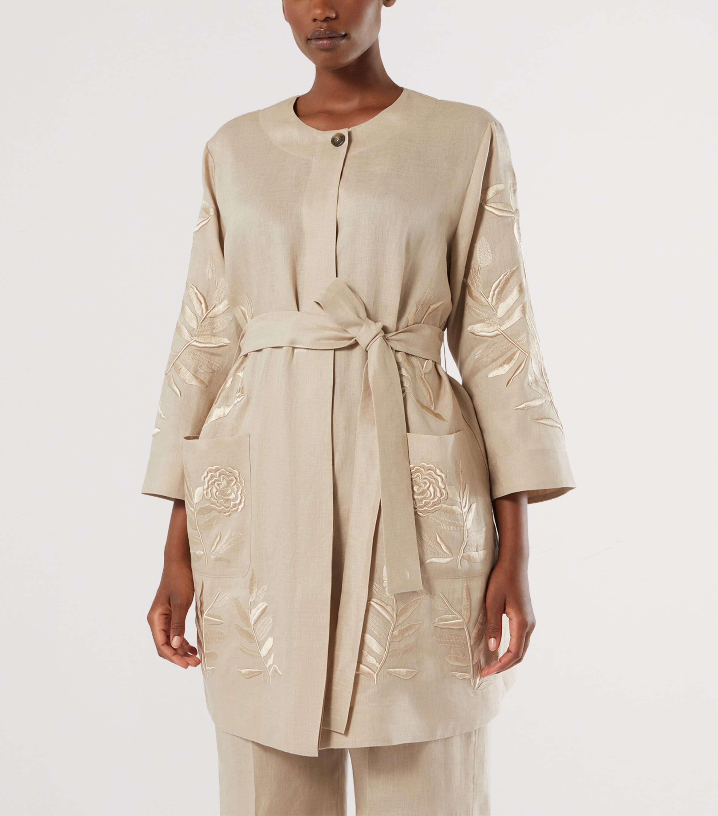 Marina Rinaldi Womens Linen Embroidered Belted Jacket Beige Image 3