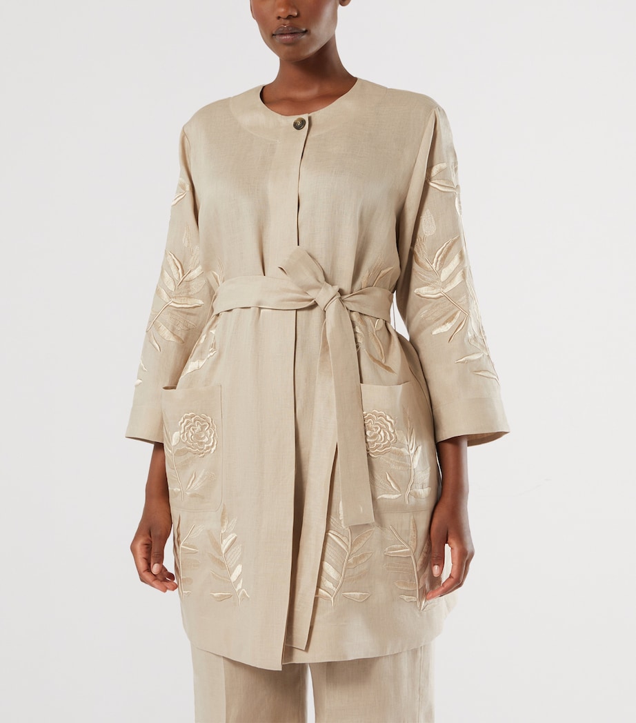 Marina Rinaldi Womens Linen Embroidered Belted Jacket Beige Image 3