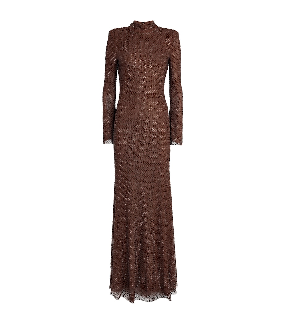 Mesh Rhinestone-Embellished Maxi Dress BROWN Image 1