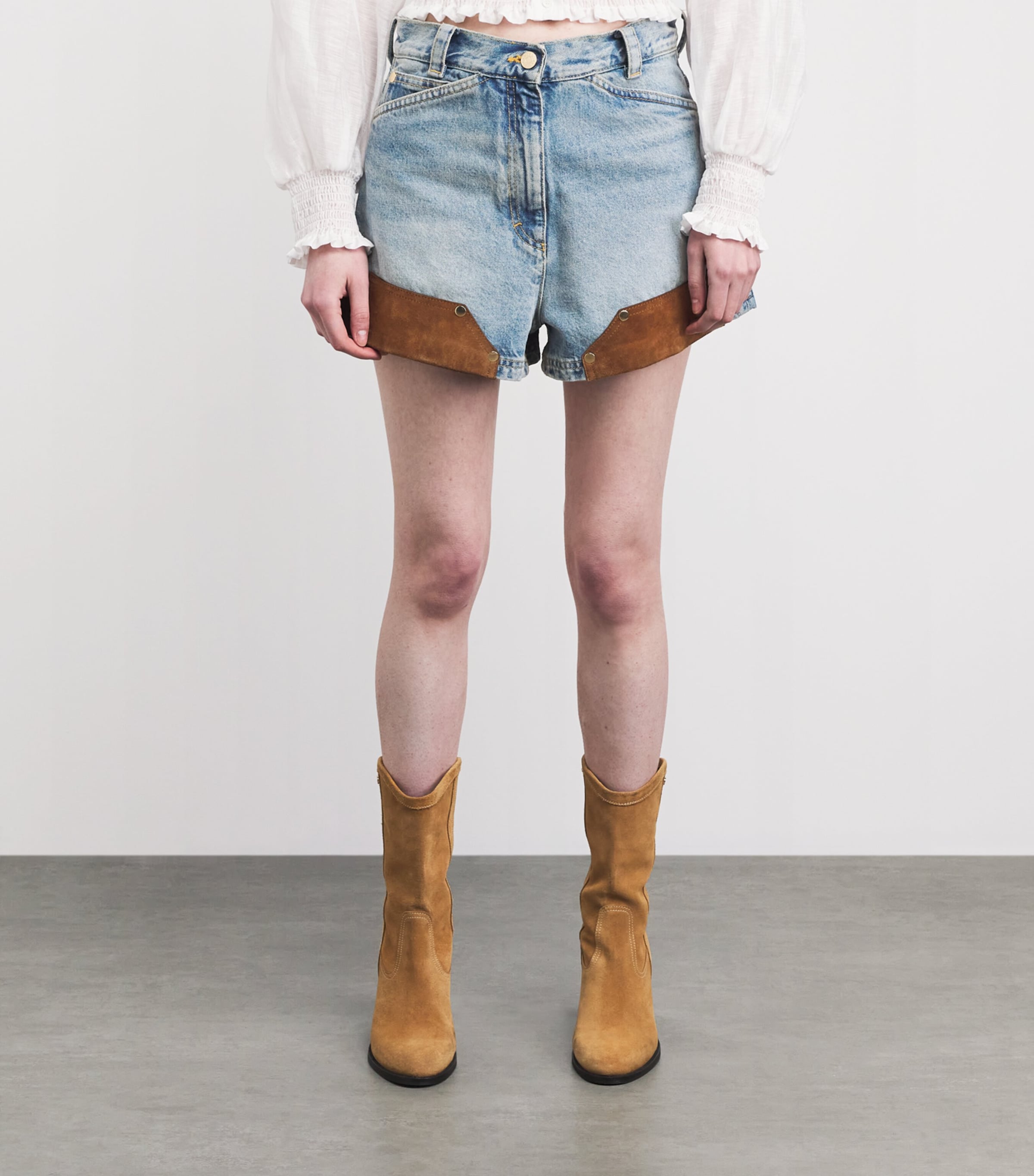 Sandro Paris Womens Suede-Trim Denim Shorts Light Bu Jean Image 4