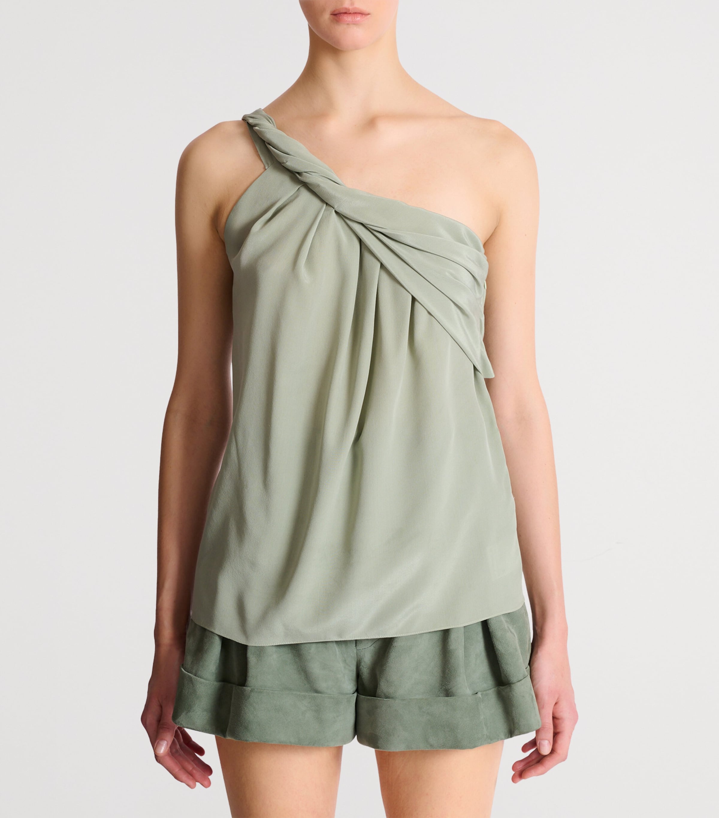 Balmain Womens Silk Crepe One-Shoulder Top Olive Image 2