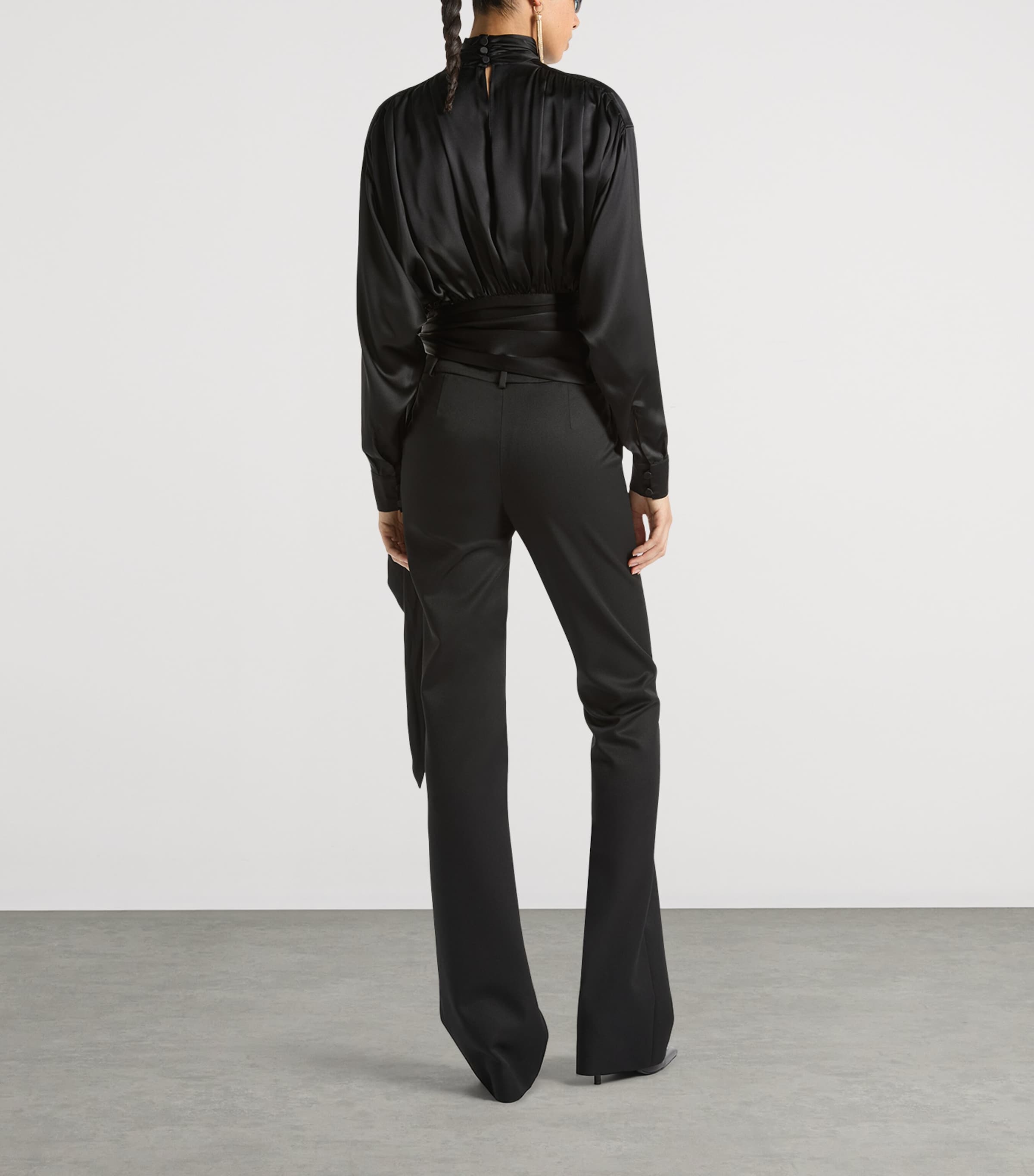Balmain Womens Silk Satin Tie-Neck Blouse Noir Image 4