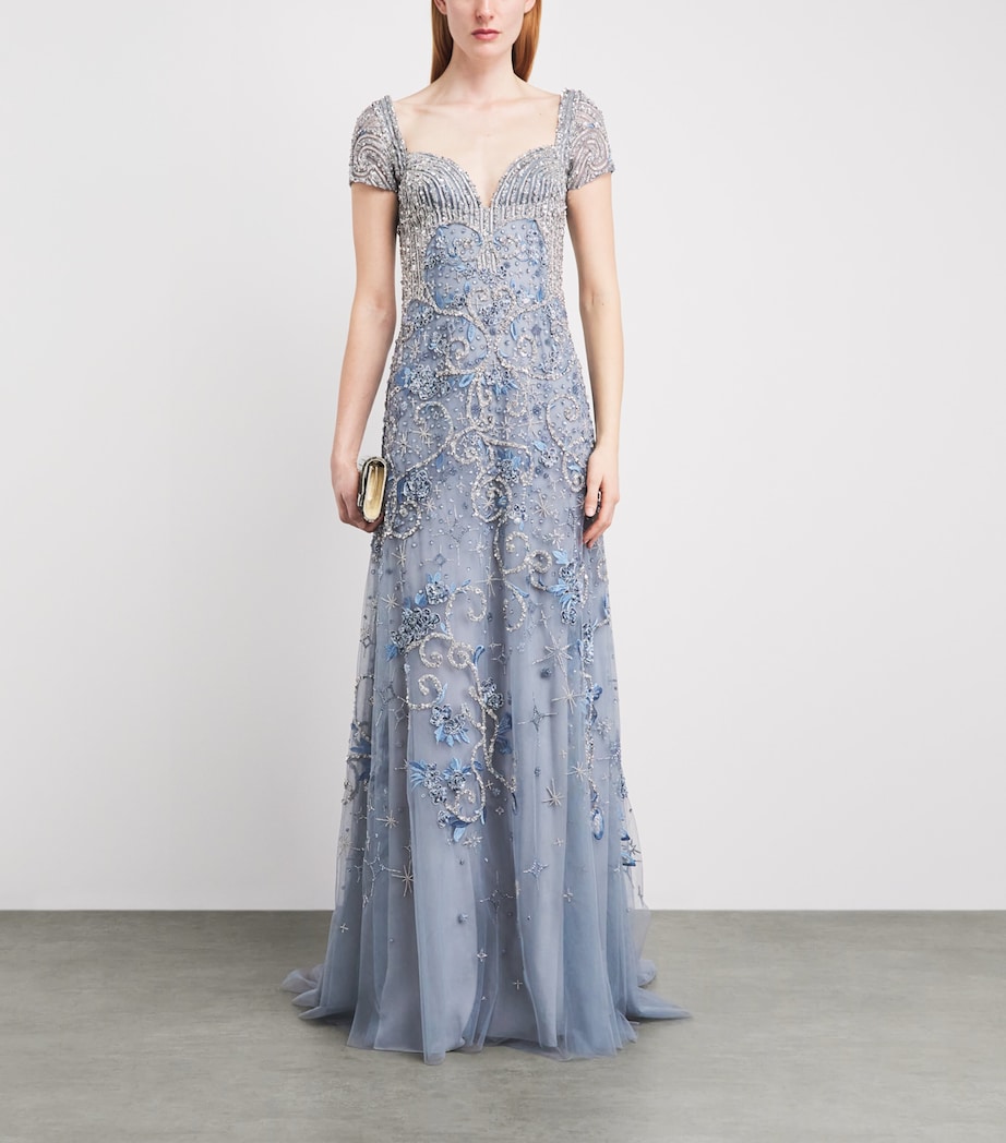 GEORGES HOBEIKA Womens Tulle Embellished Gown Blue Quarry Image 2