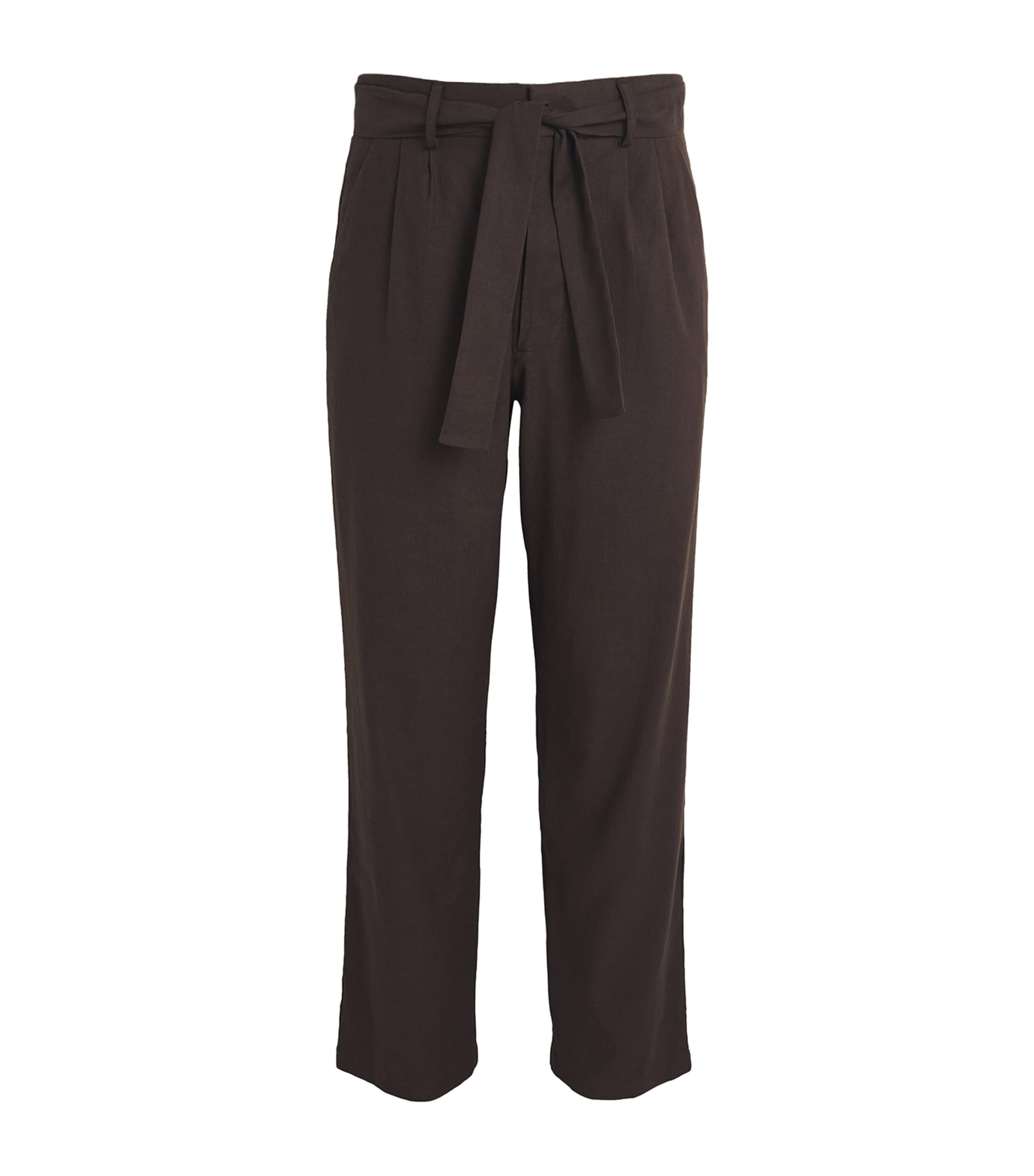 Shop Commas Linen-blend Belted Straight Trousers In Brown