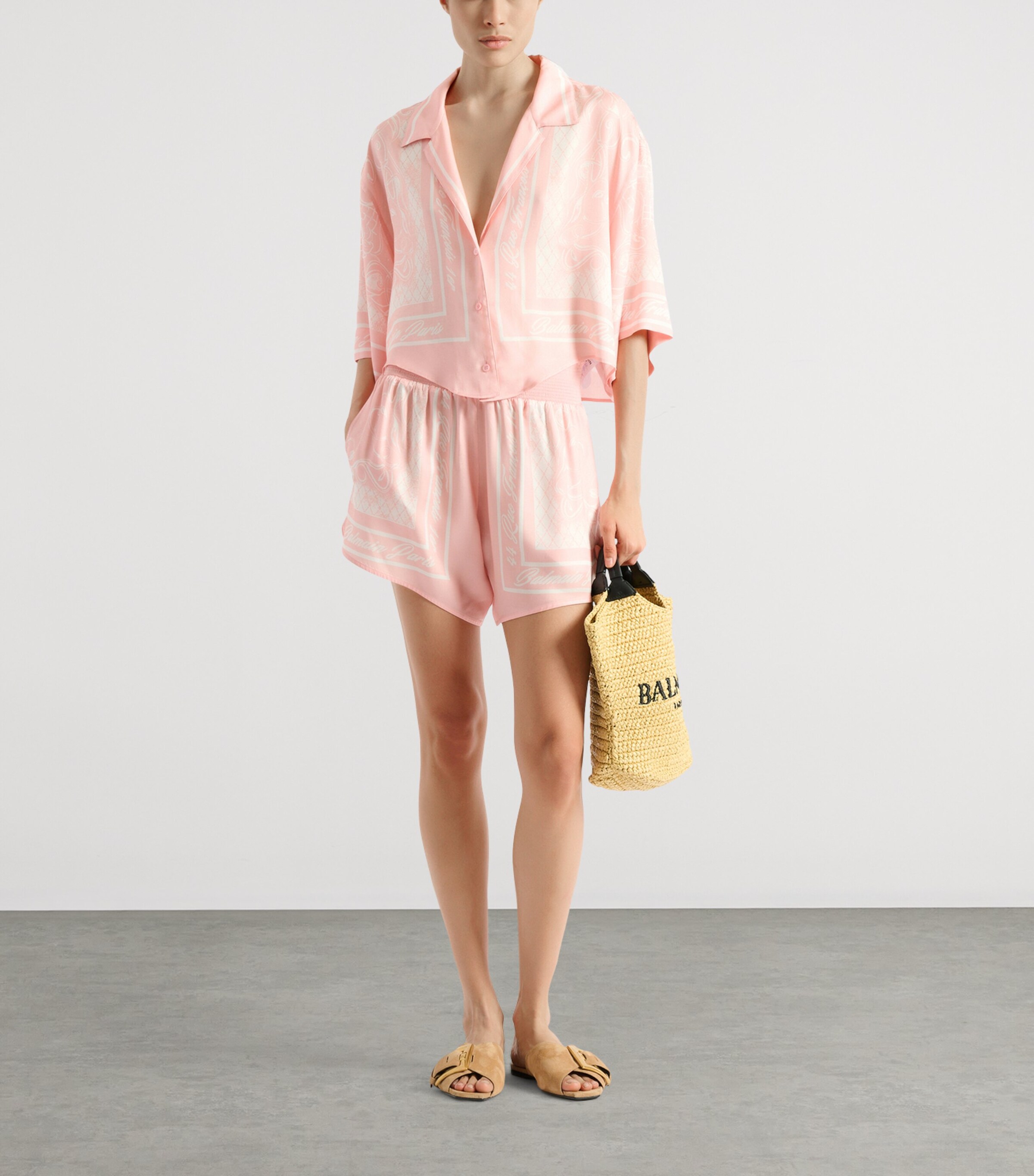 Balmain Womens Satin Foulard Shorts Ojd Rose/blanc Image 2