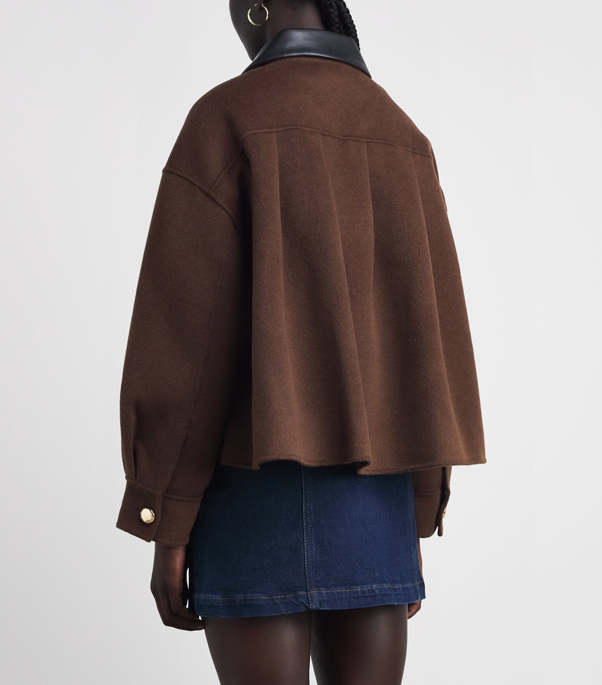 Maje Womens Wool-Blend Leather-Collar Jacket Brown Image 5