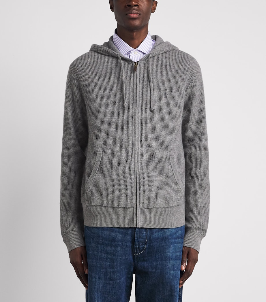 Polo Ralph Lauren Mens Wool-Cotton Waffle-Knit Zip-Up Hoodie Fawn Grey Heather Image 4