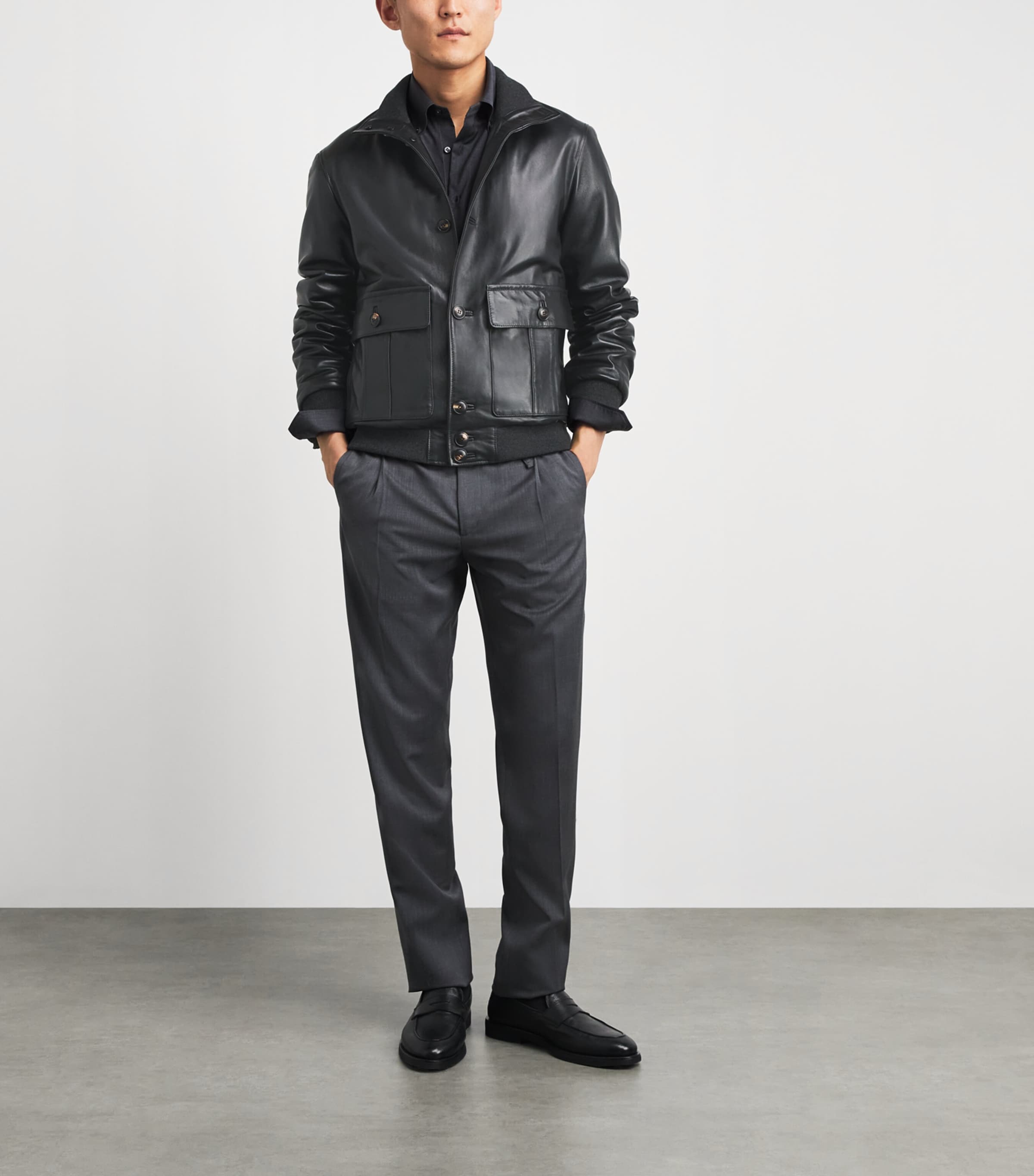 Pal Zileri Mens Lambskin Button-Up Bomber Jacket Black Image 2