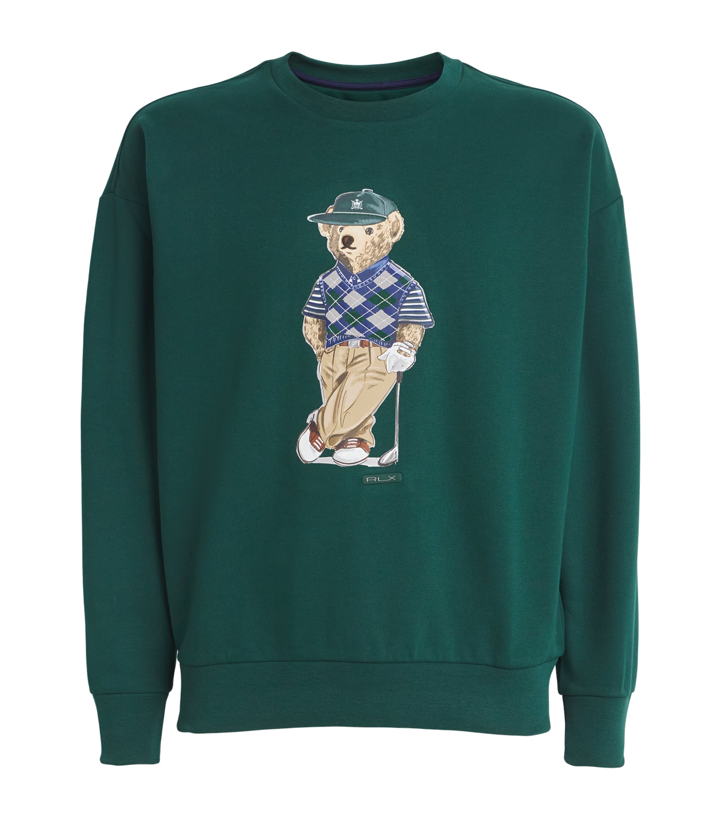 RLX Ralph Lauren Mens Cotton-Blend Relaxed Fit Polo Bear Sweatshirt Moss Agate Image 1