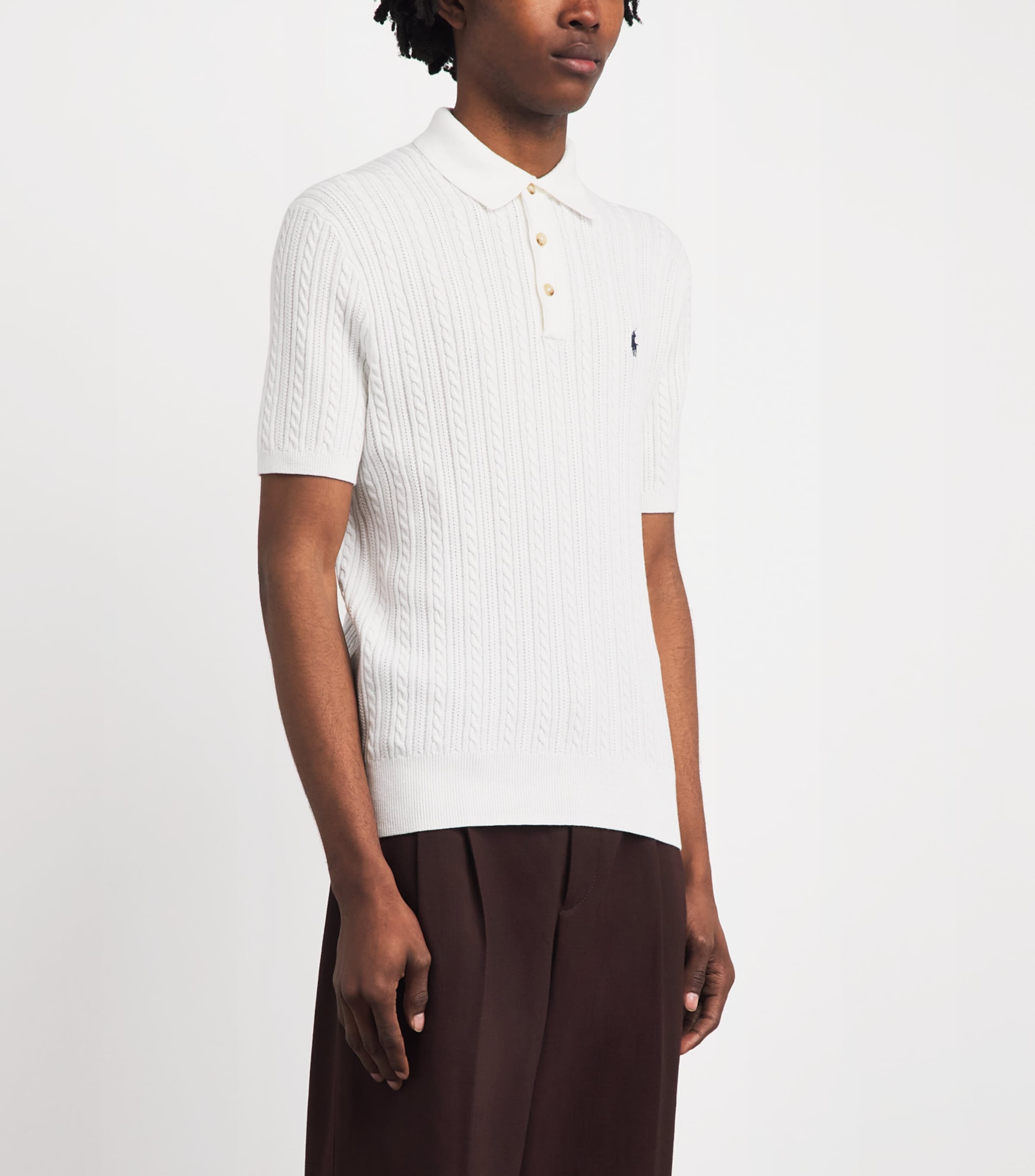 Polo Ralph Lauren Mens Cotton Cable-Knit Polo Shirt Dckwash Wht W/nvy Pp Image 4