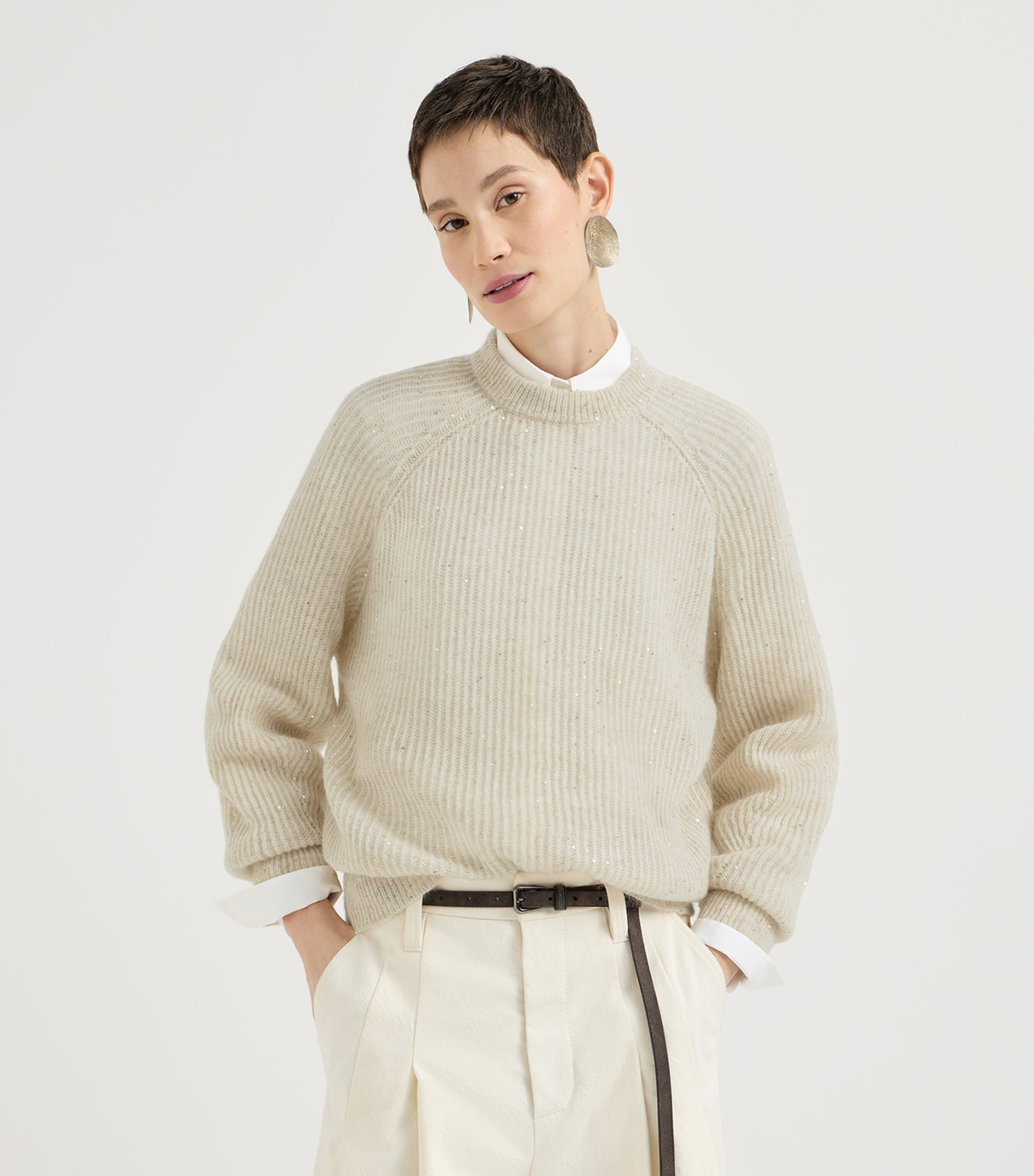Brunello Cucinelli Womens Rib-Knit Embellished Sweater Avorio Image 2