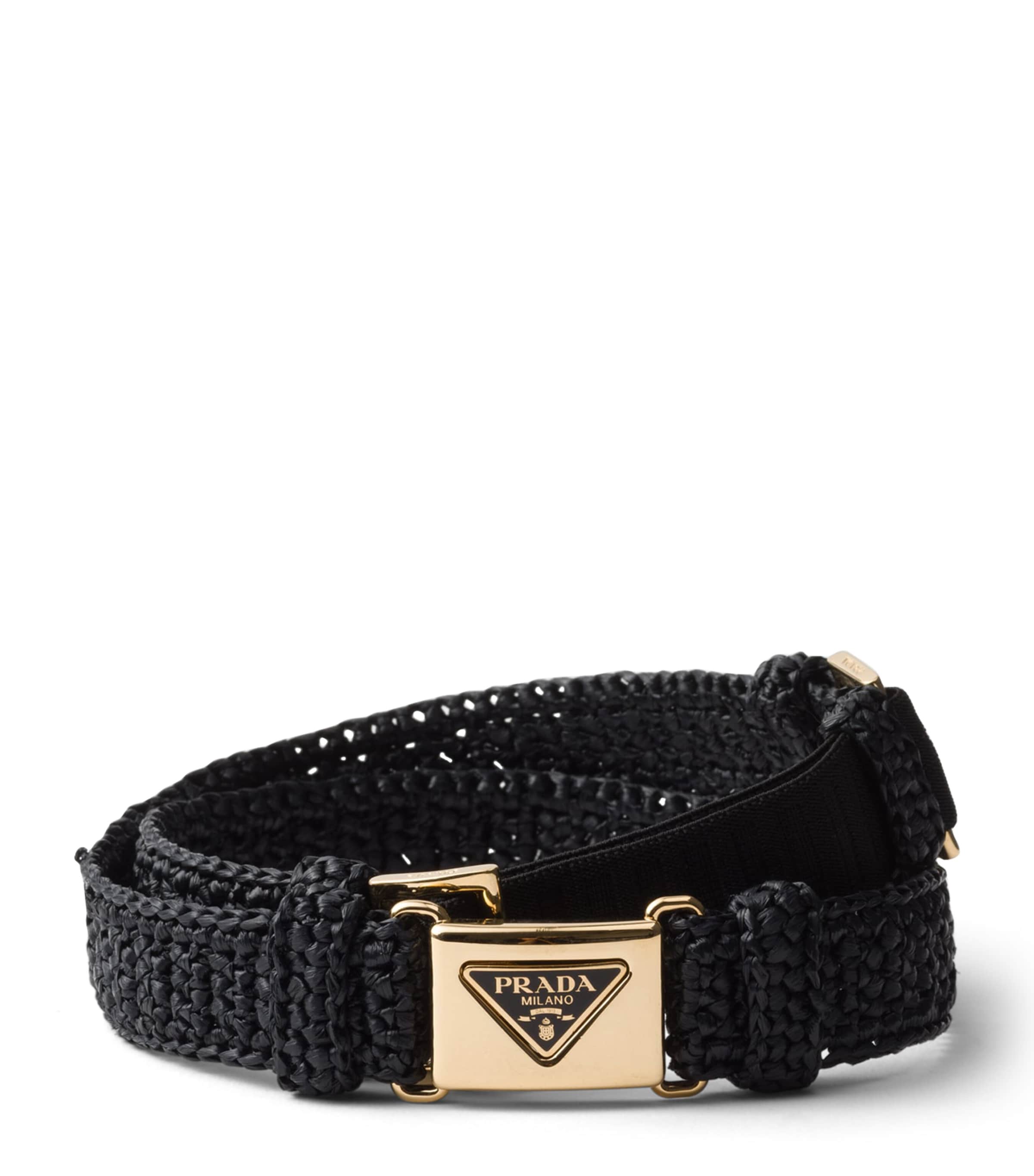 Prada Womens Black Triangle-buckle Raffia-effect Woven Belt In Black