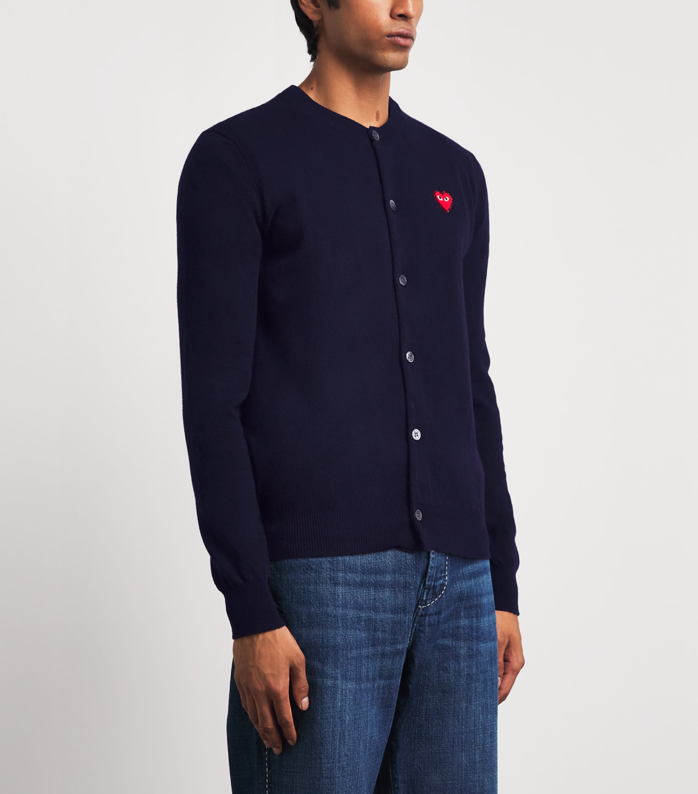 Comme Des Garçons Play Mens Wool Rhinestone Heart Logo Cardigan Navy Image 4