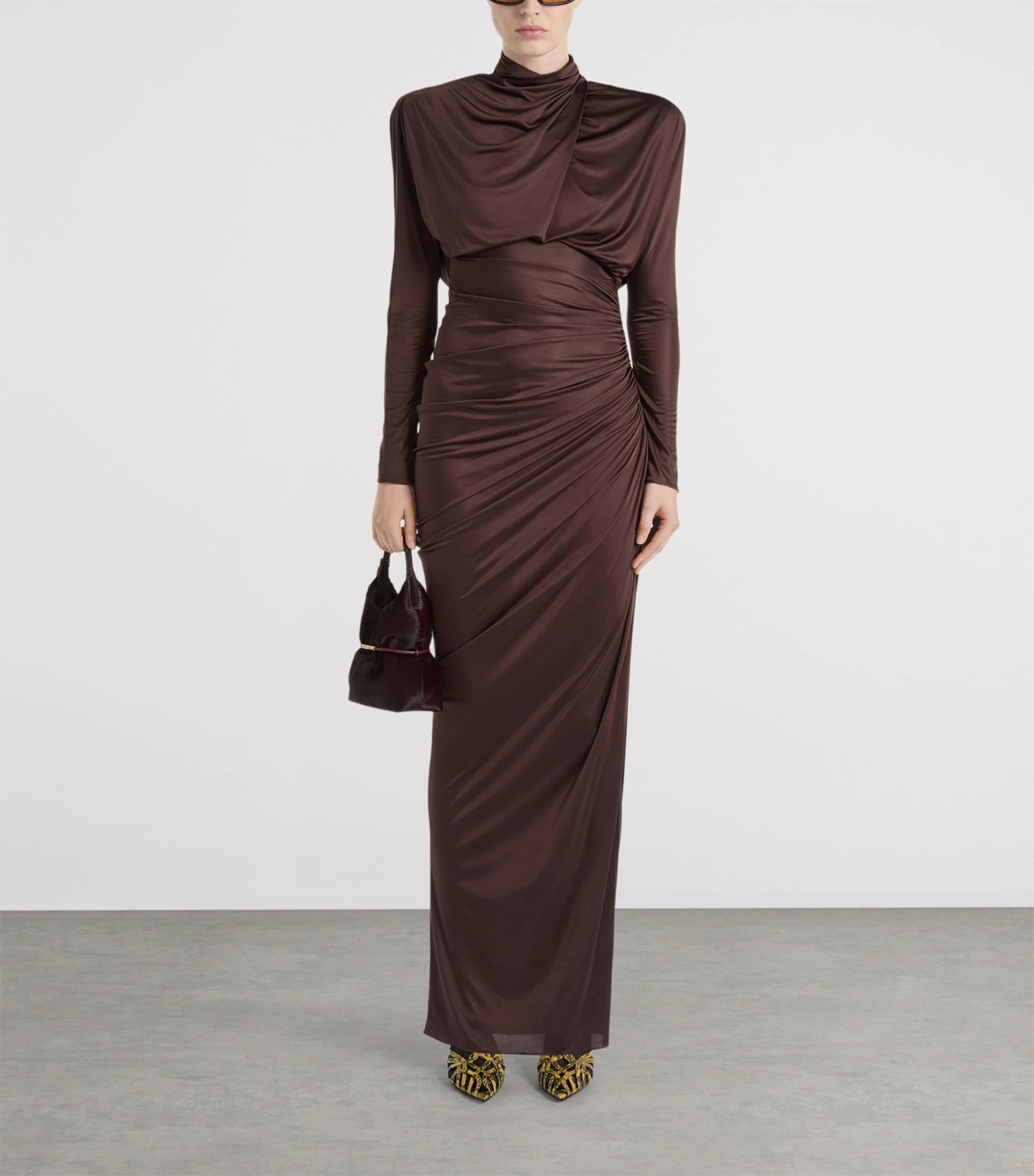 Balmain Womens Draped Long-Sleeve Maxi Dress Brown Marron Image 3