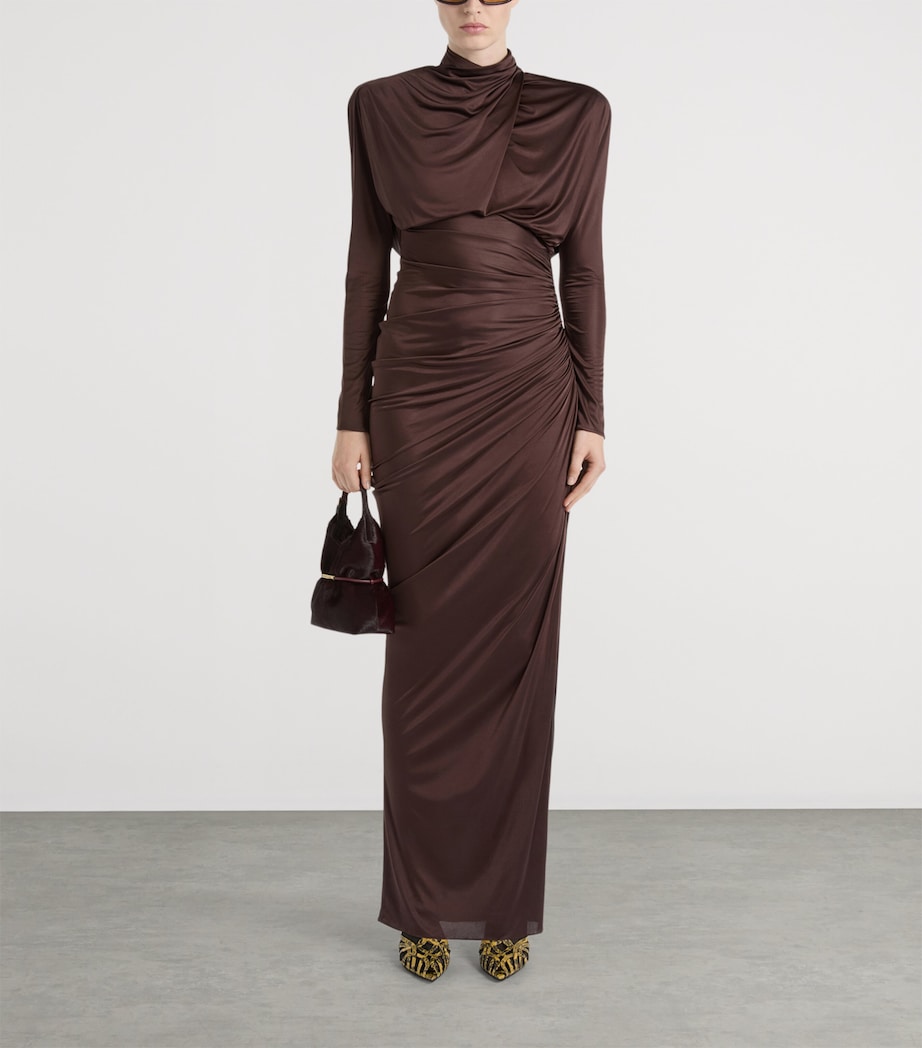 Balmain Womens Draped Long-Sleeve Maxi Dress Brown Marron Image 3