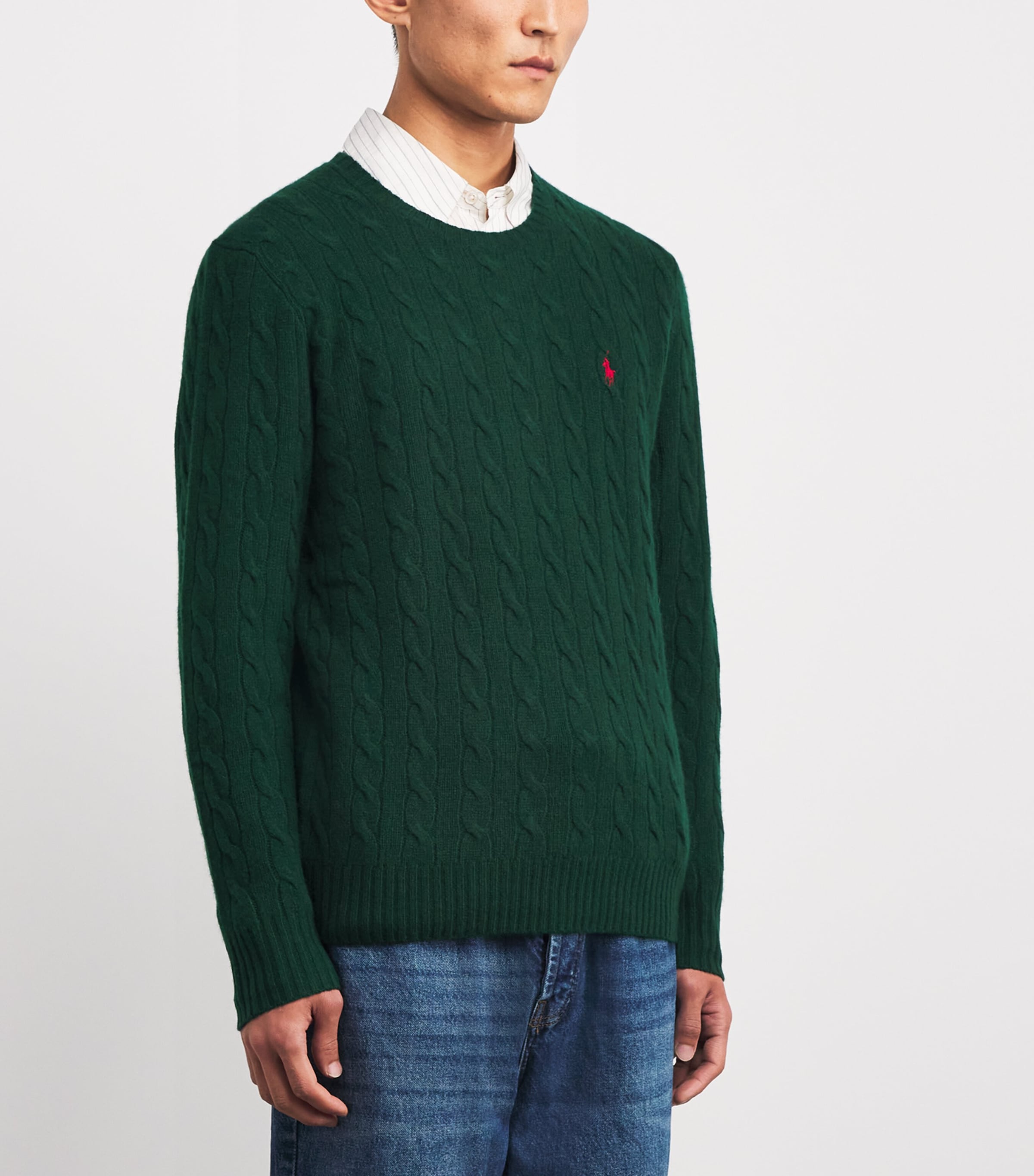 Wool-Cashmere Cable-Knit Polo Pony Sweater GREEN Image 3
