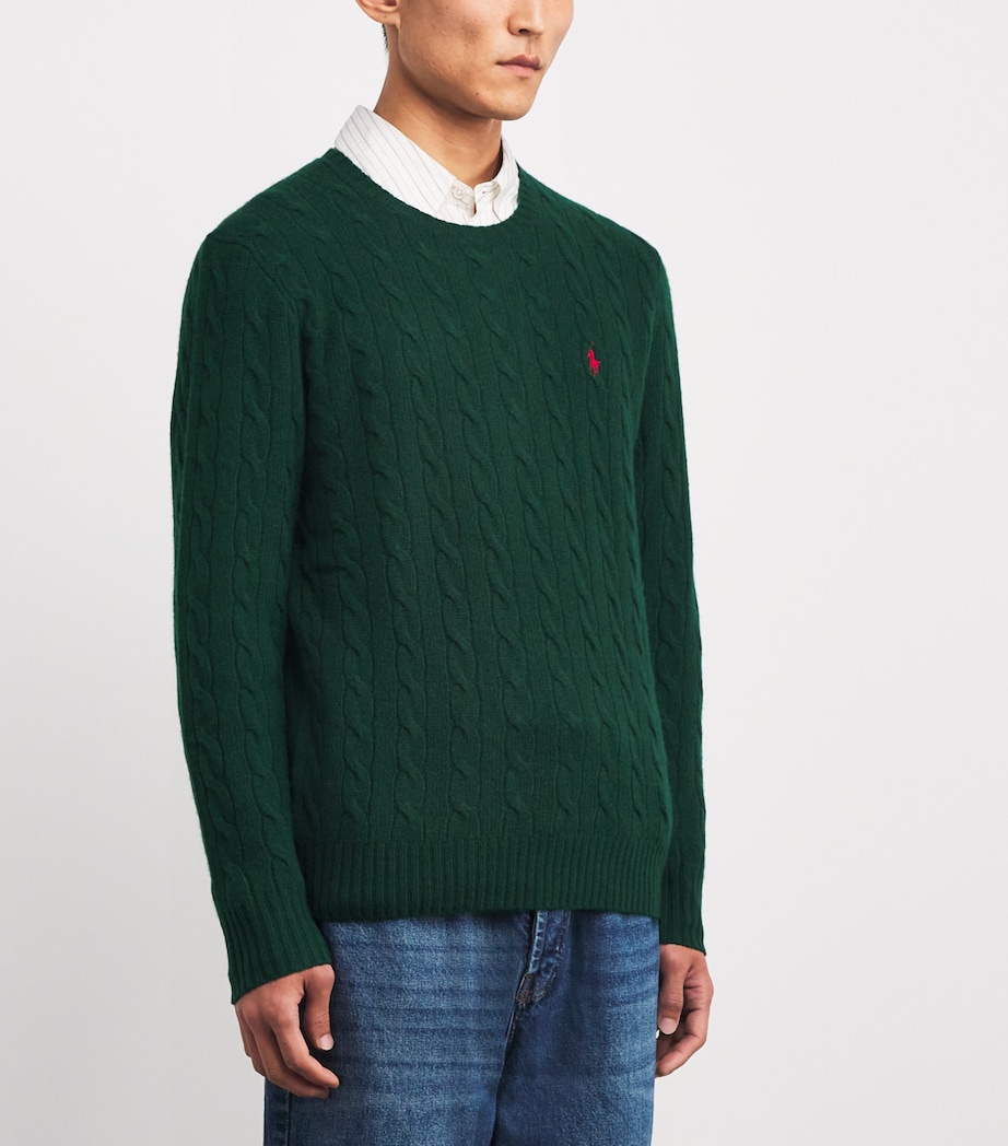 Wool-Cashmere Cable-Knit Polo Pony Sweater GREEN Image 3