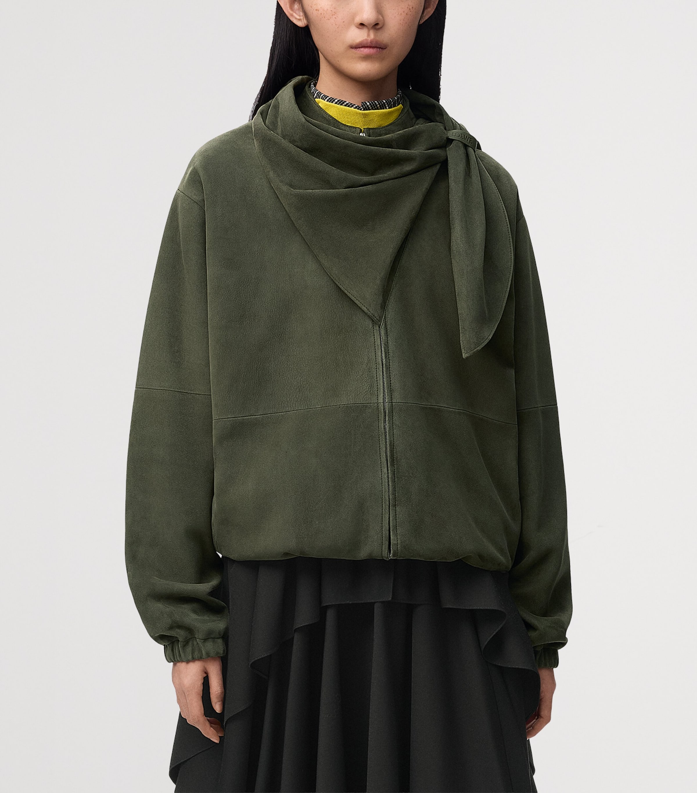 LOEWE Womens Suede Scarf-Detail Jacket Khaki Green Image 3