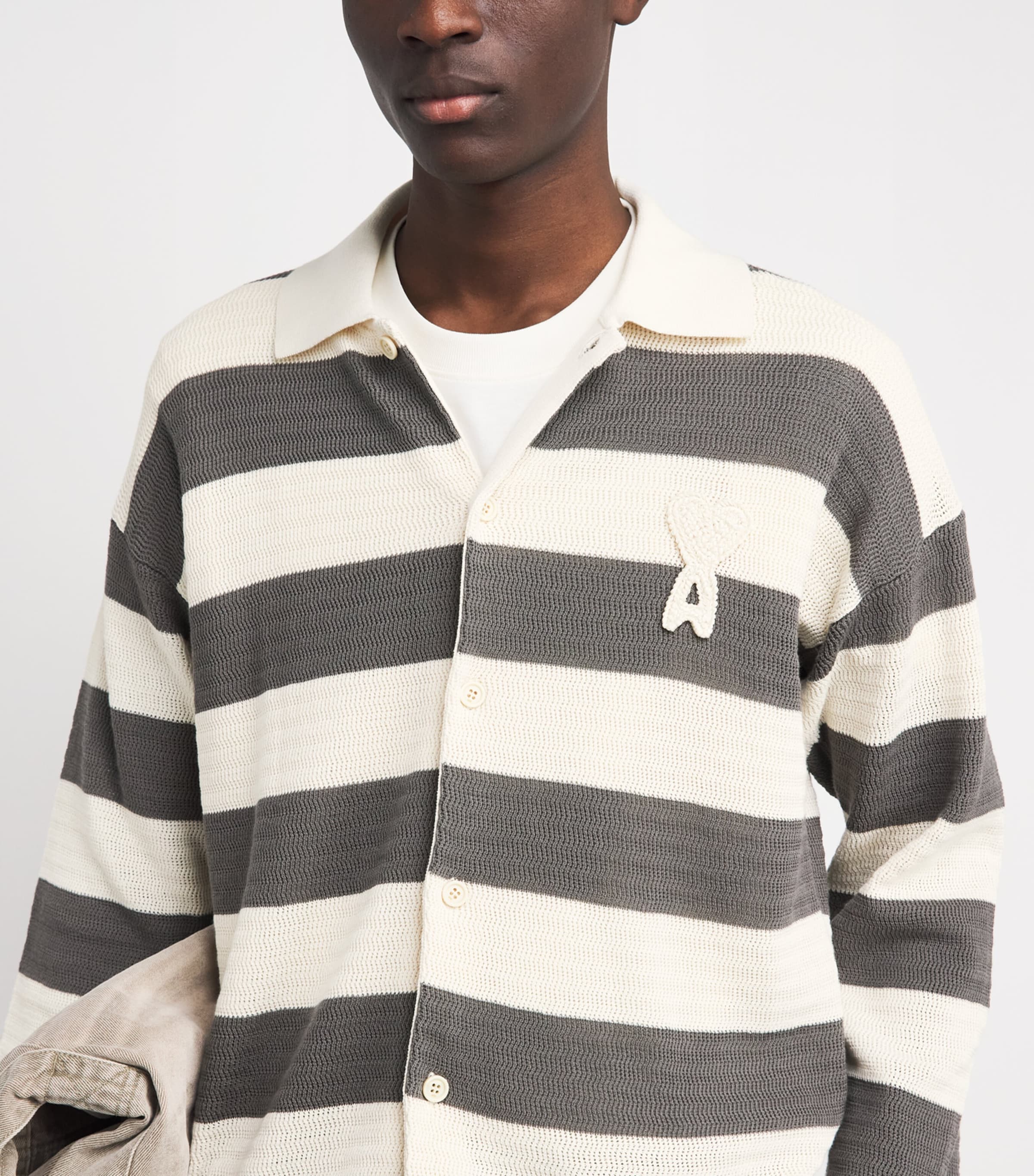 AMI Paris Mens Cotton Stripe Logo Cardigan Blanc/carbone Image 3