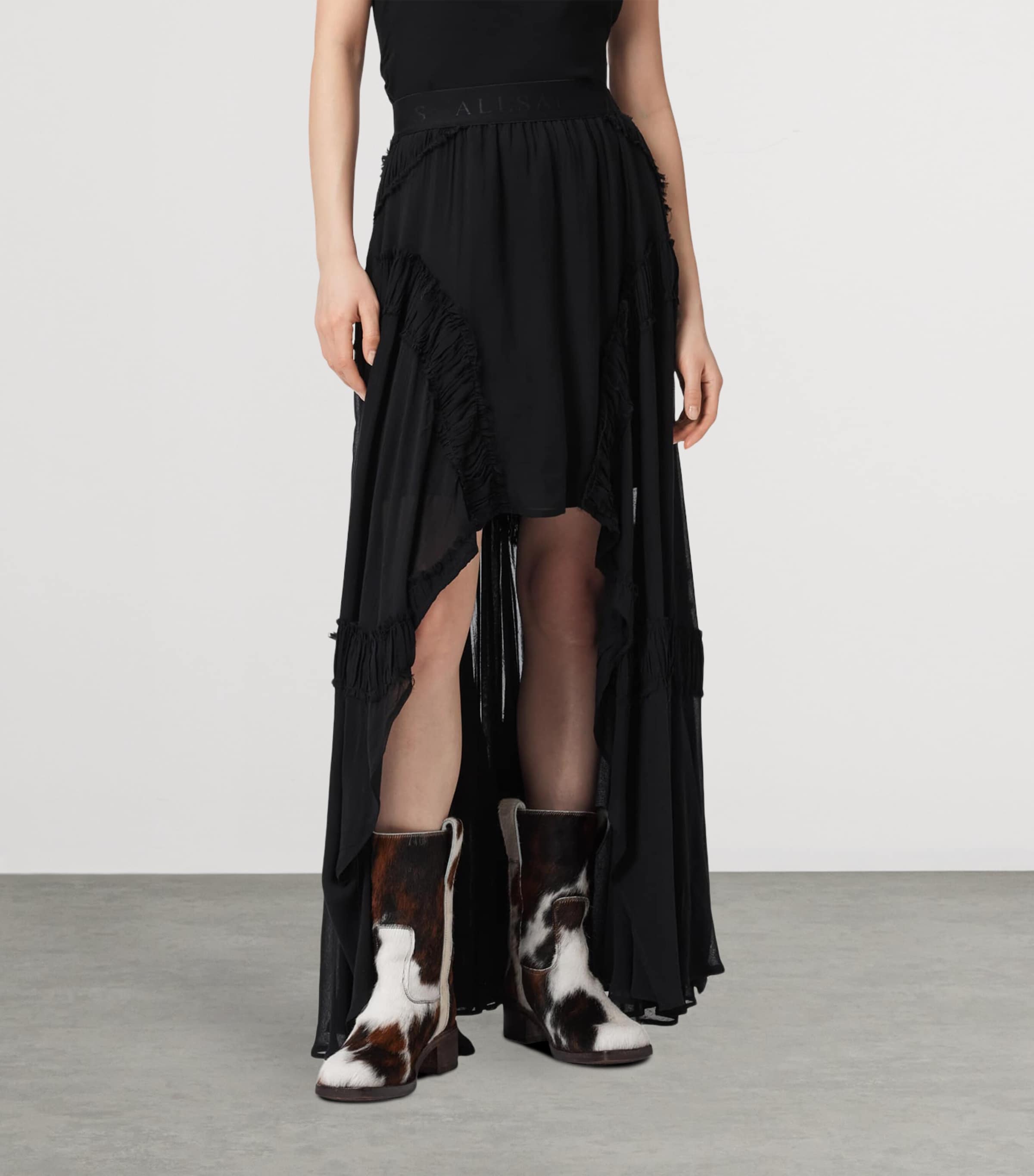 AllSaints Womens Ruched Asymmetric Dorina Maxi Skirt Black Image 3