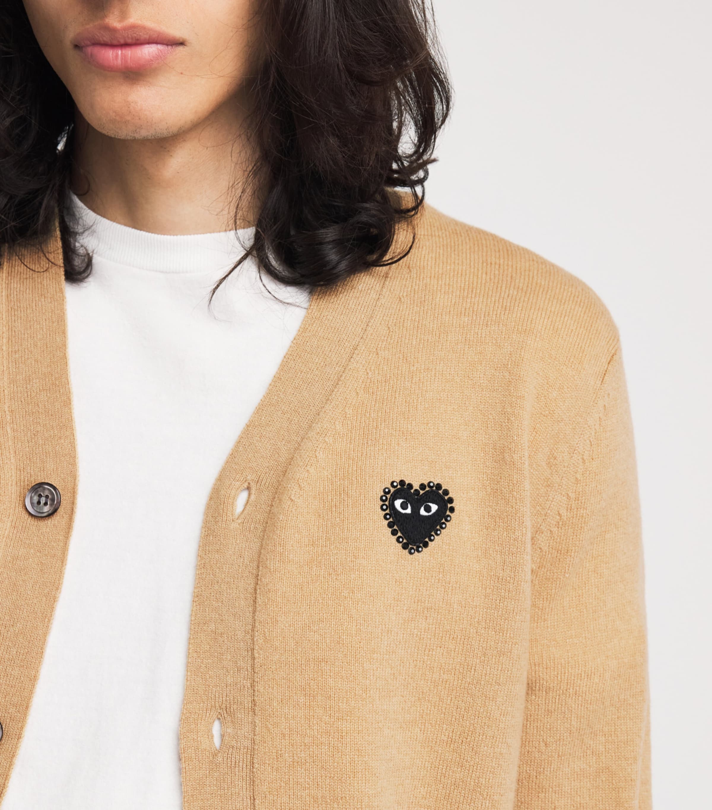 Comme Des Garçons Mens Wool Rhinestone Heart Logo Cardigan Beige Image 3
