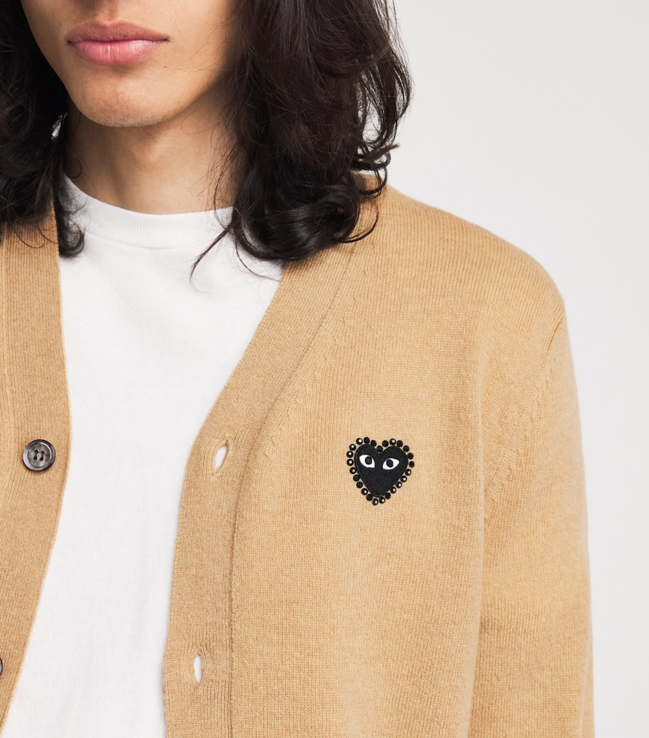 Comme Des Garçons Mens Wool Rhinestone Heart Logo Cardigan Beige Image 3