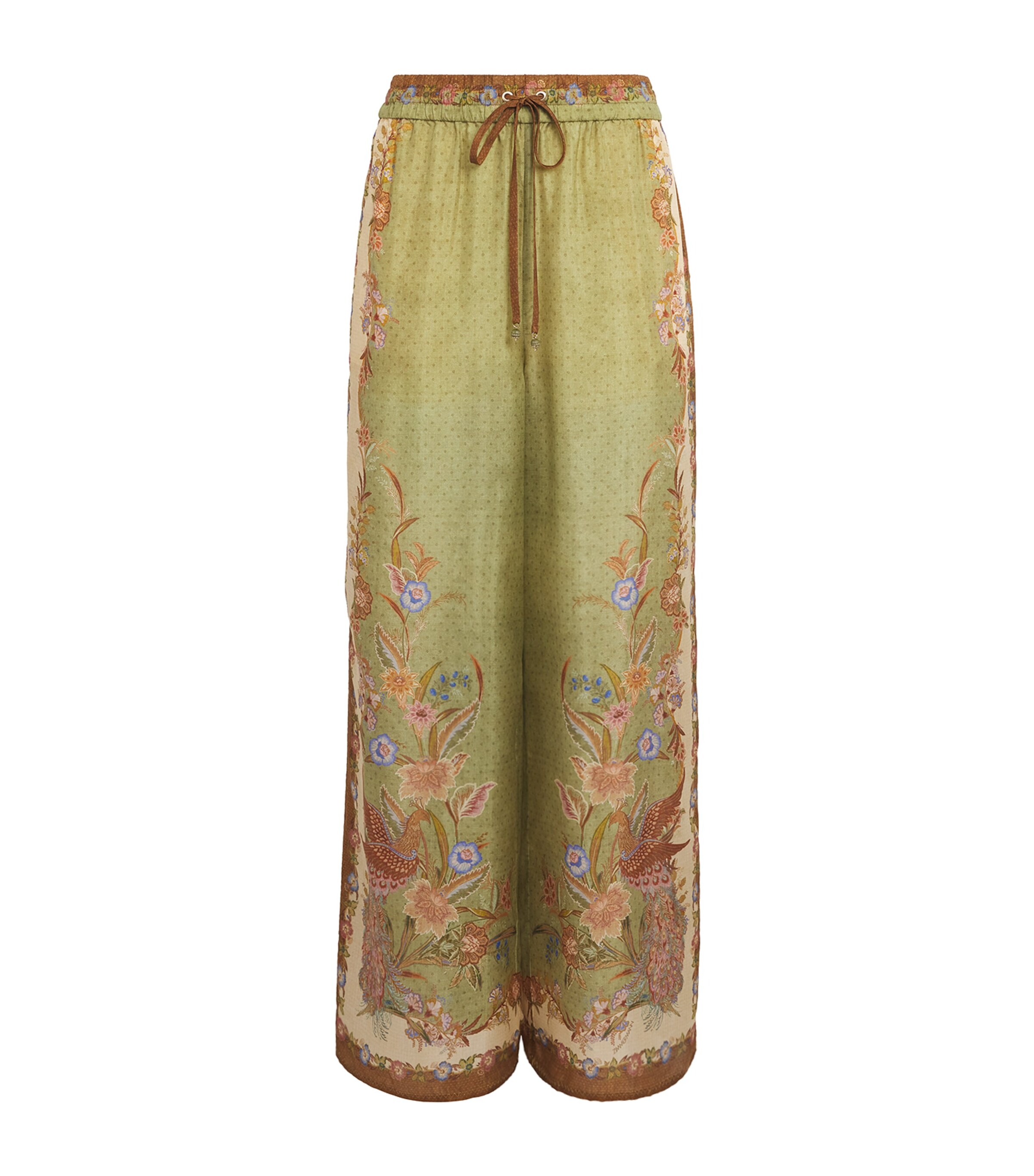 Zimmermann Womens Silk Indra Wide-Leg Trousers Khaki Scarf Floral Image 1