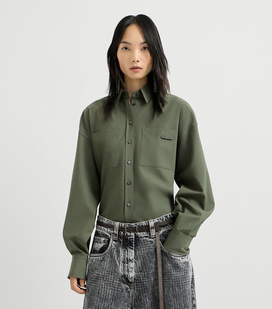 Brunello Cucinelli Womens Virgin Wool-Blend Monili-Tab Shirt Image 4