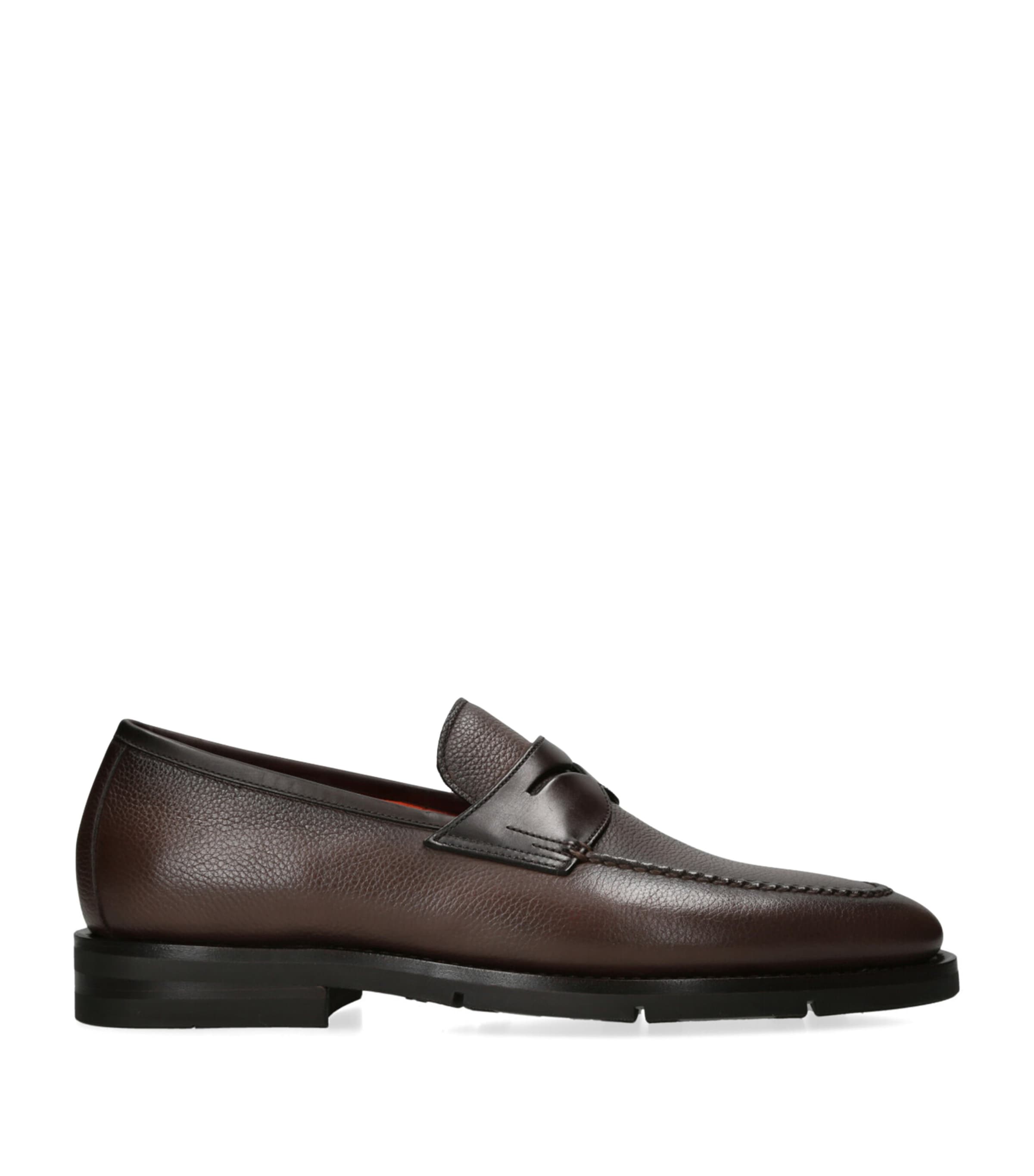 SANTONI LEATHER WHOLECUT PENNY LOAFERS