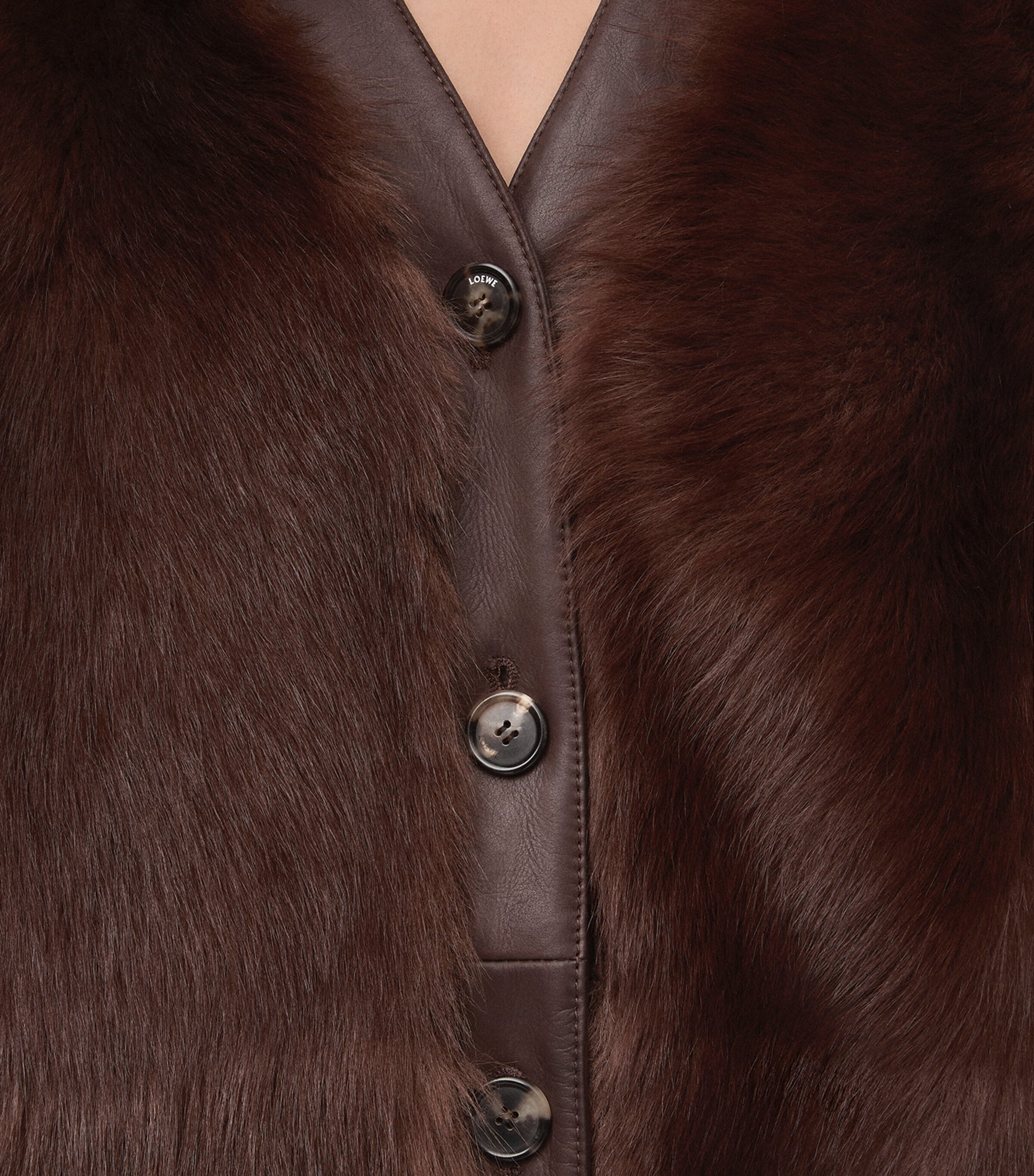 LOEWE Womens Leather Fur-Covered Cardigan Brown Image 5
