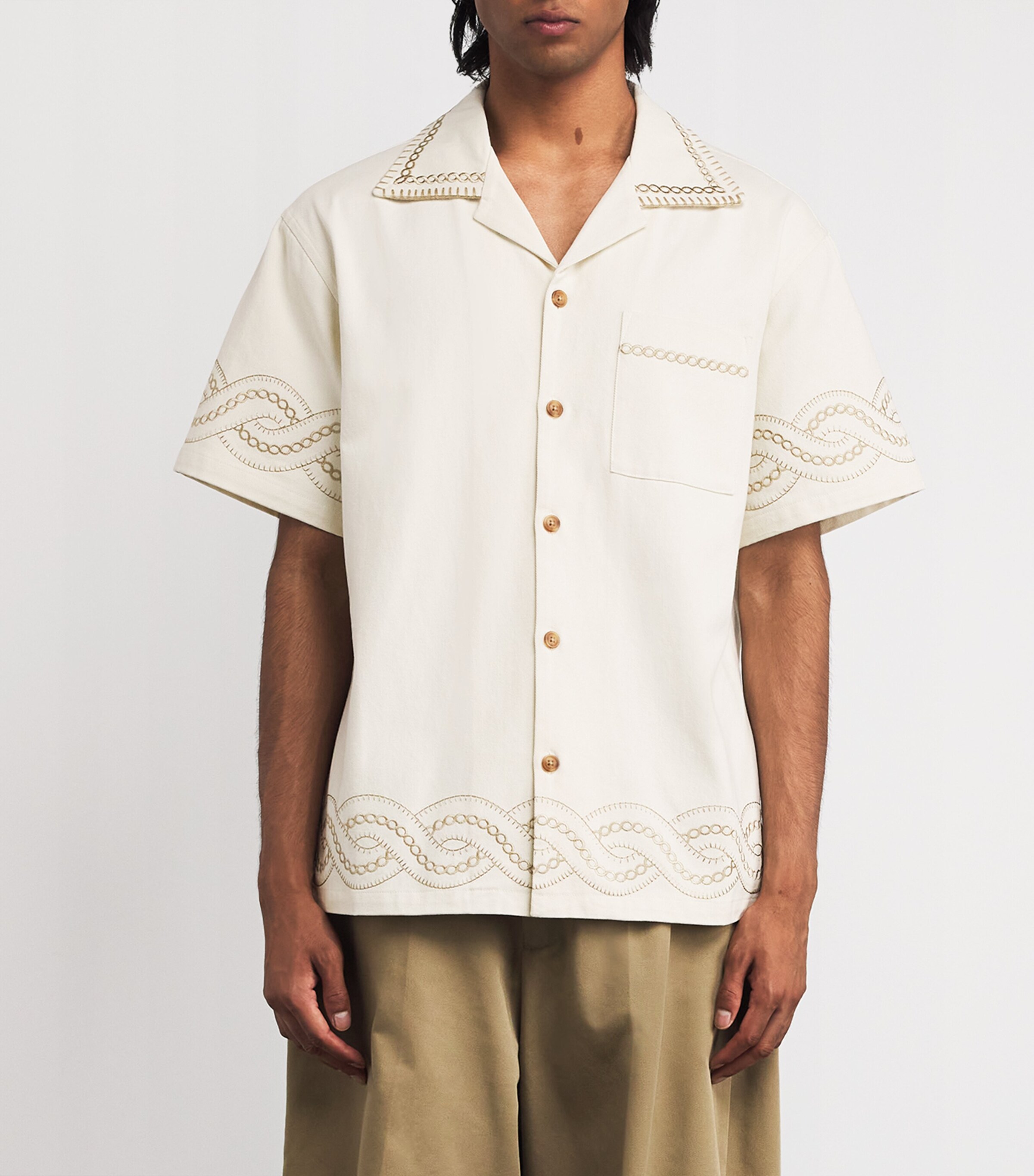 Drôle De Monsieur Mens Cotton Braid-Embroidery Short-Sleeve Shirt Cm / Cream Image 3