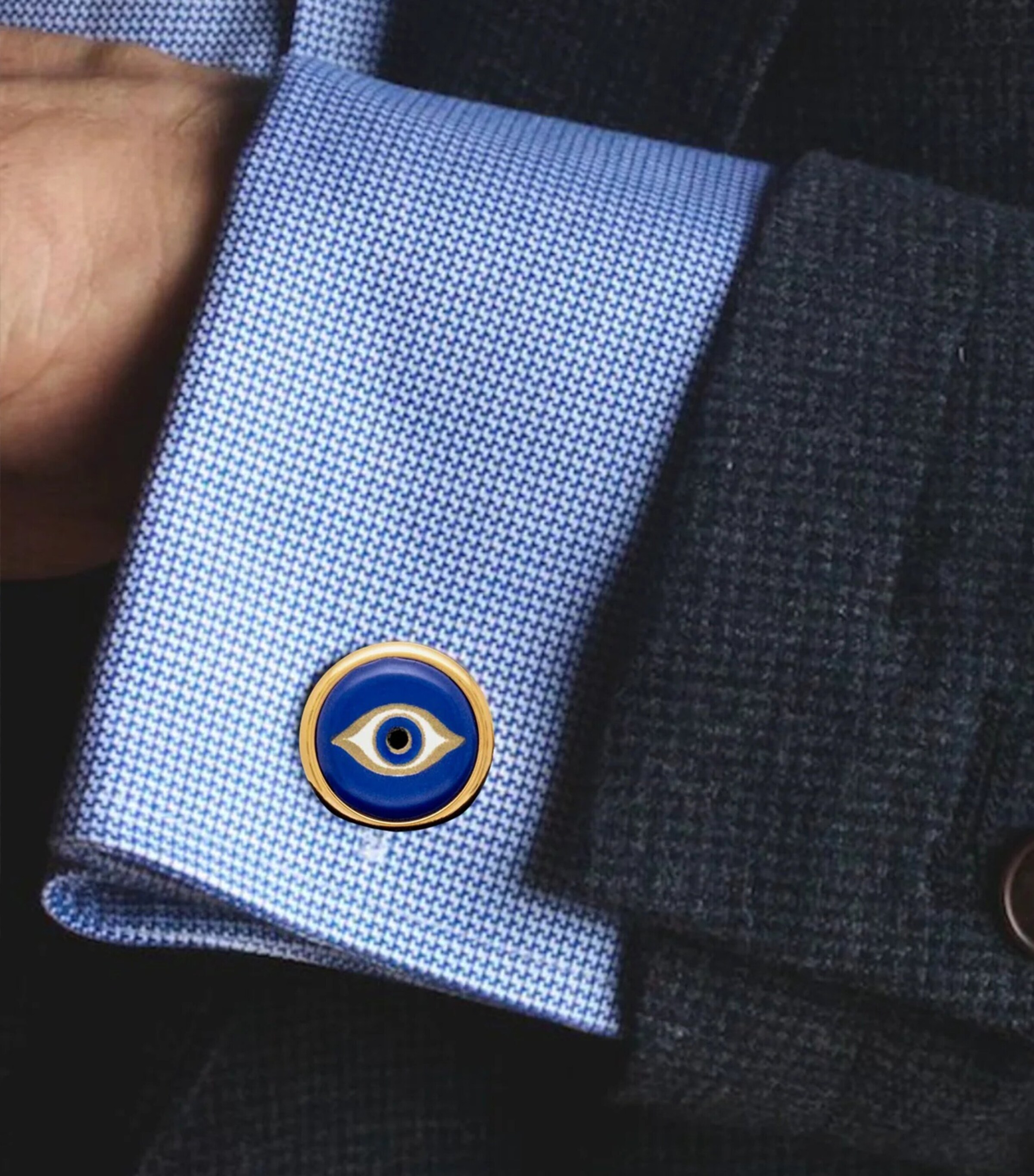 Halcyon Days Gold and Enamel Evil Eye Cufflinks Navy Image 2