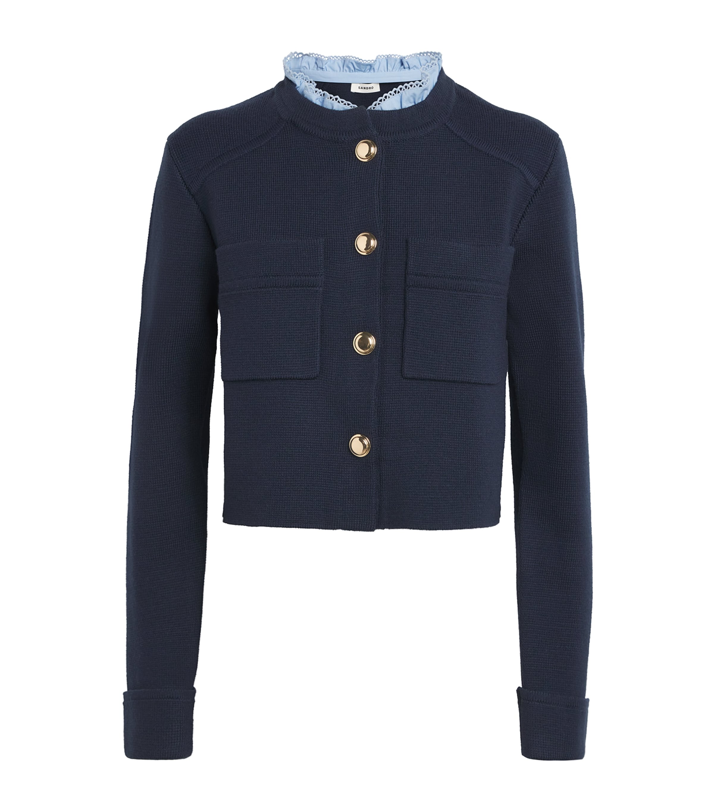 Sandro Womens Navy Blue Denim-collar Wool And Cashmere-blend Cardigan In Blue