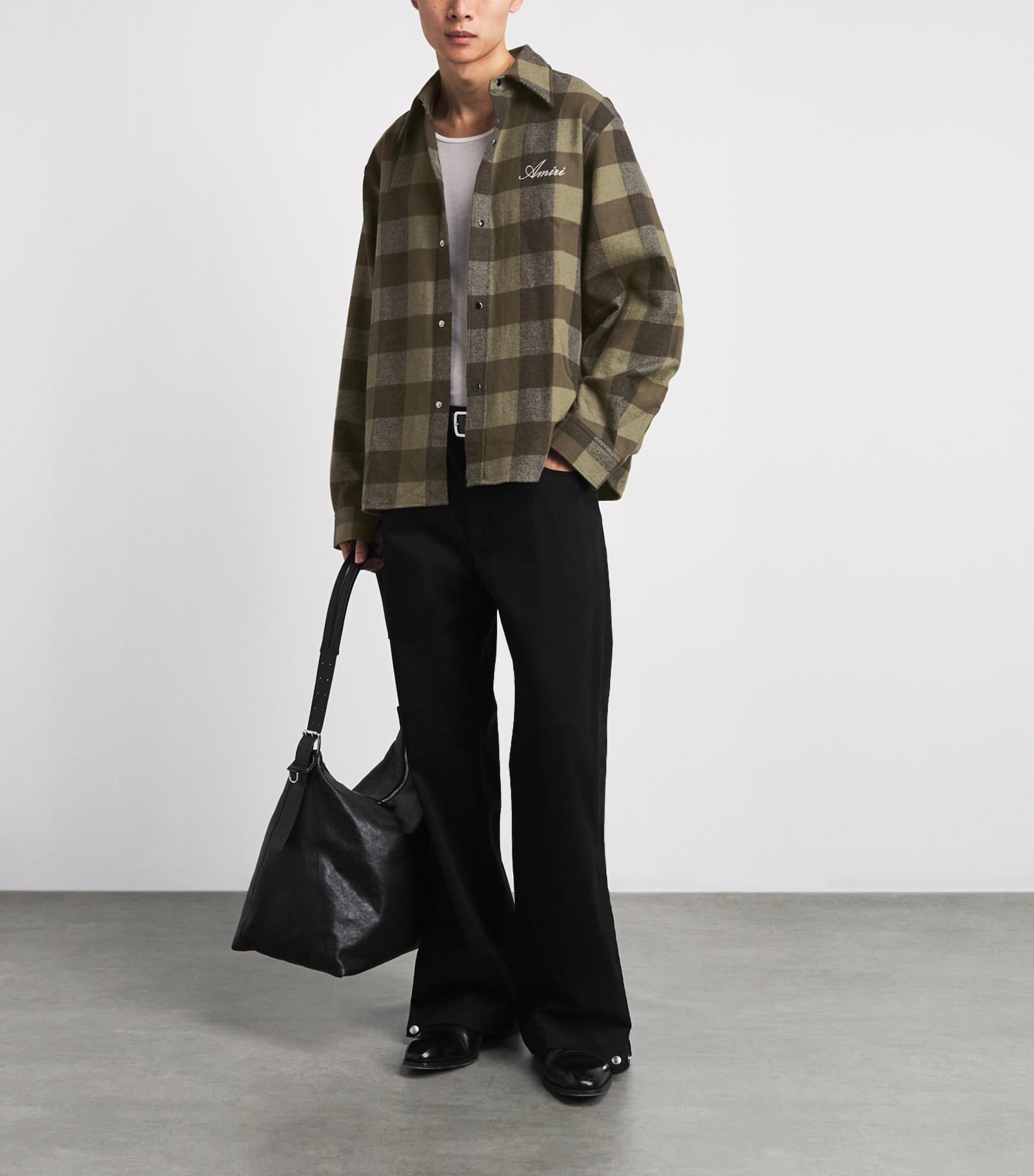 AMIRI Mens Cotton Flannel Check Shirt Deep Olive Image 2
