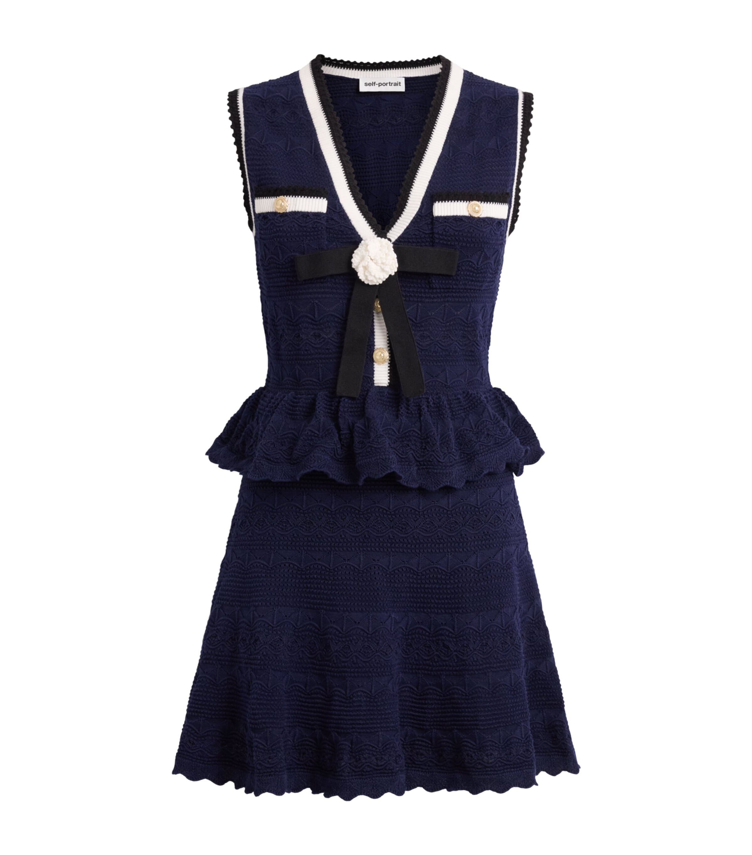 Self-Portrait Womens Knitted Pointelle Mini Dress Navy Image 1
