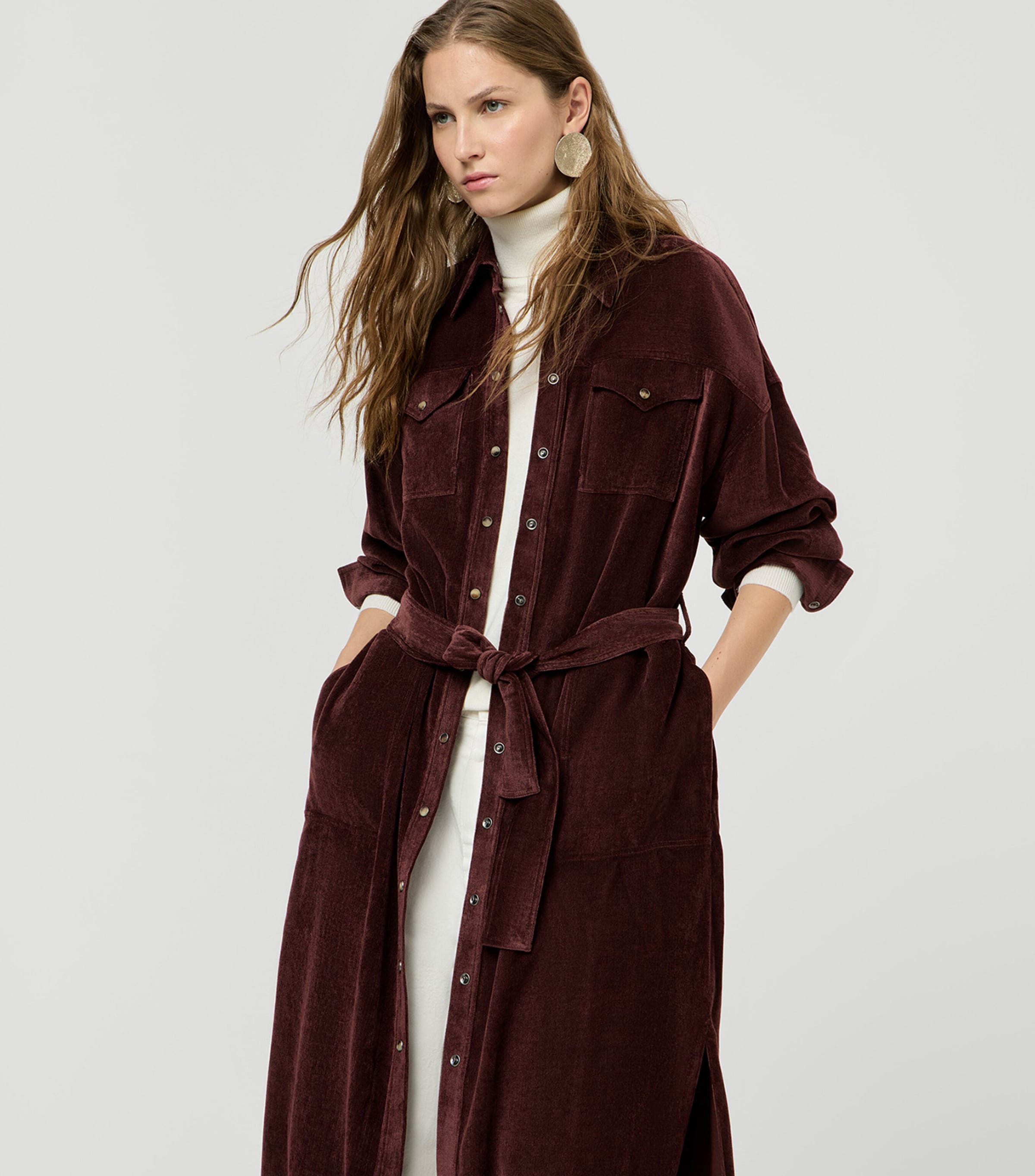 Brunello Cucinelli Womens Corduroy Maxi Shirt Dress Wine Red Image 4