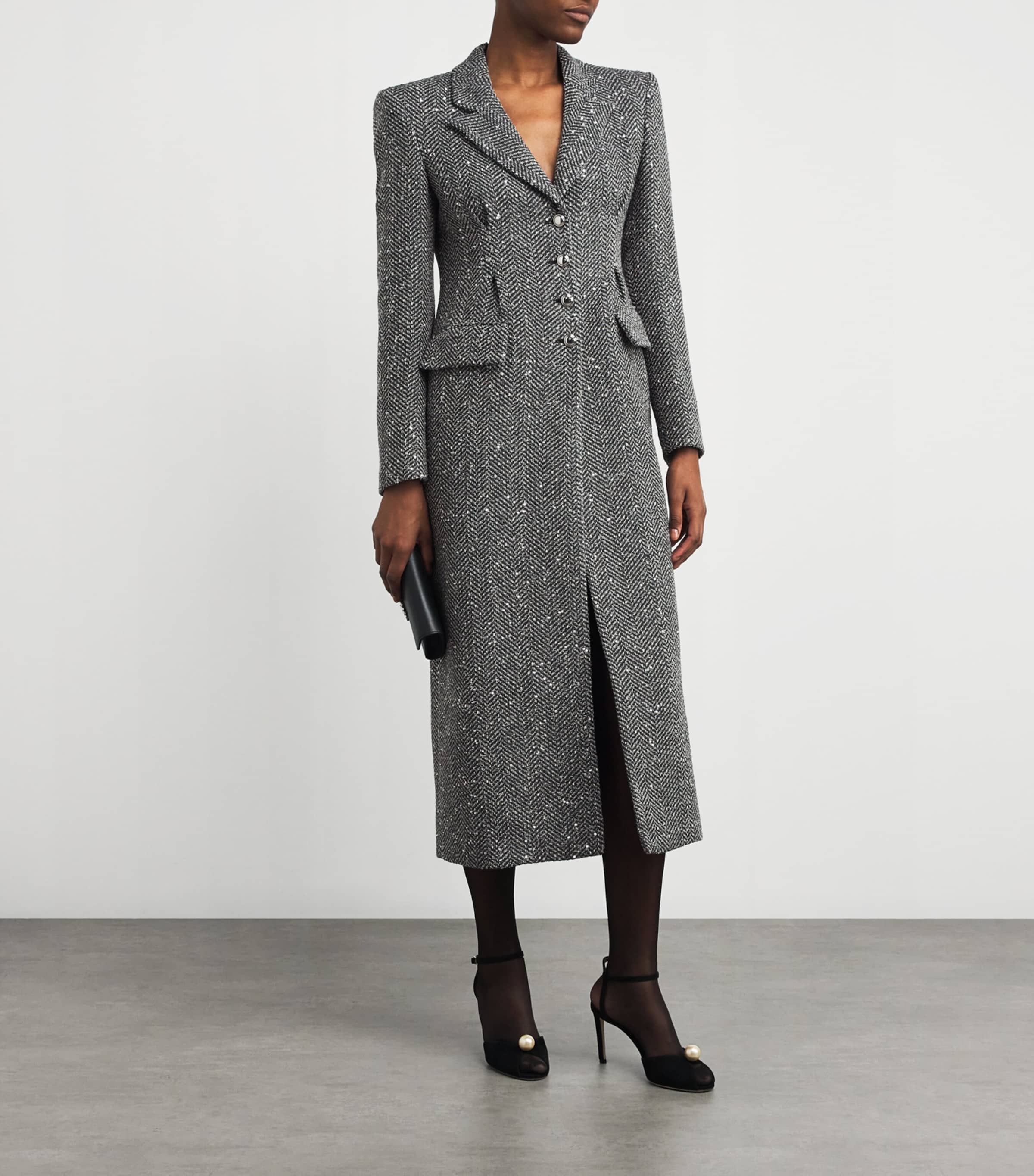 Alessandra Rich Womens Tweed Sequinned Coat Grey Melange Image 2