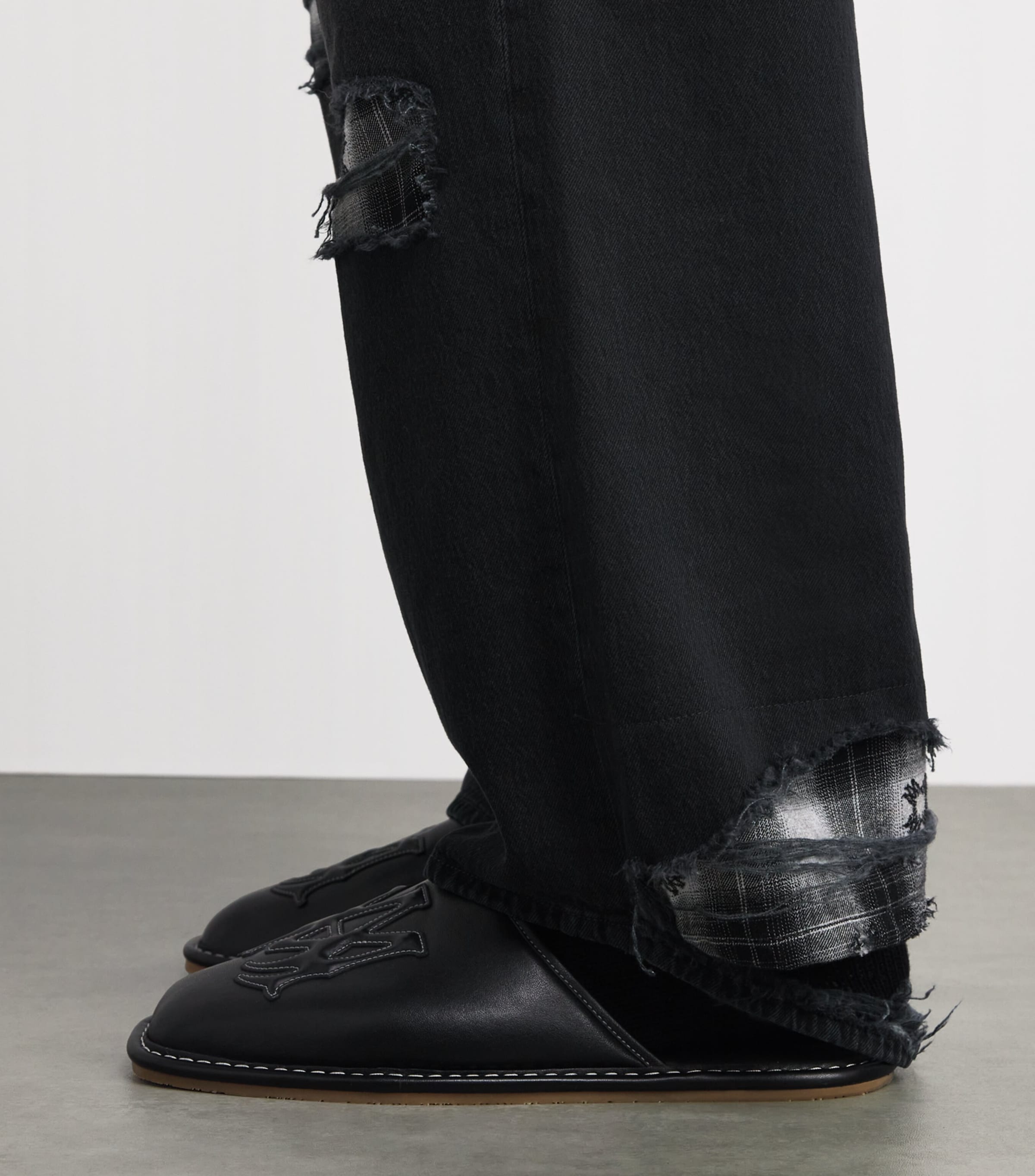 AMIRI Mens Flannel Repair Wide-Leg Jeans Steel Black Image 5
