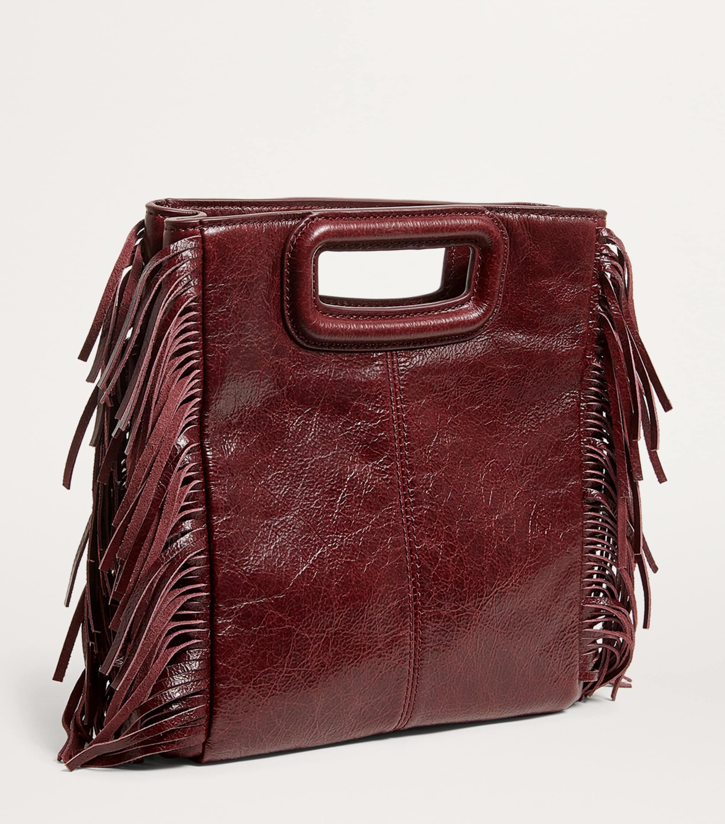 Maje Cracked Leather Fringed M Bag Burgundy Image 3
