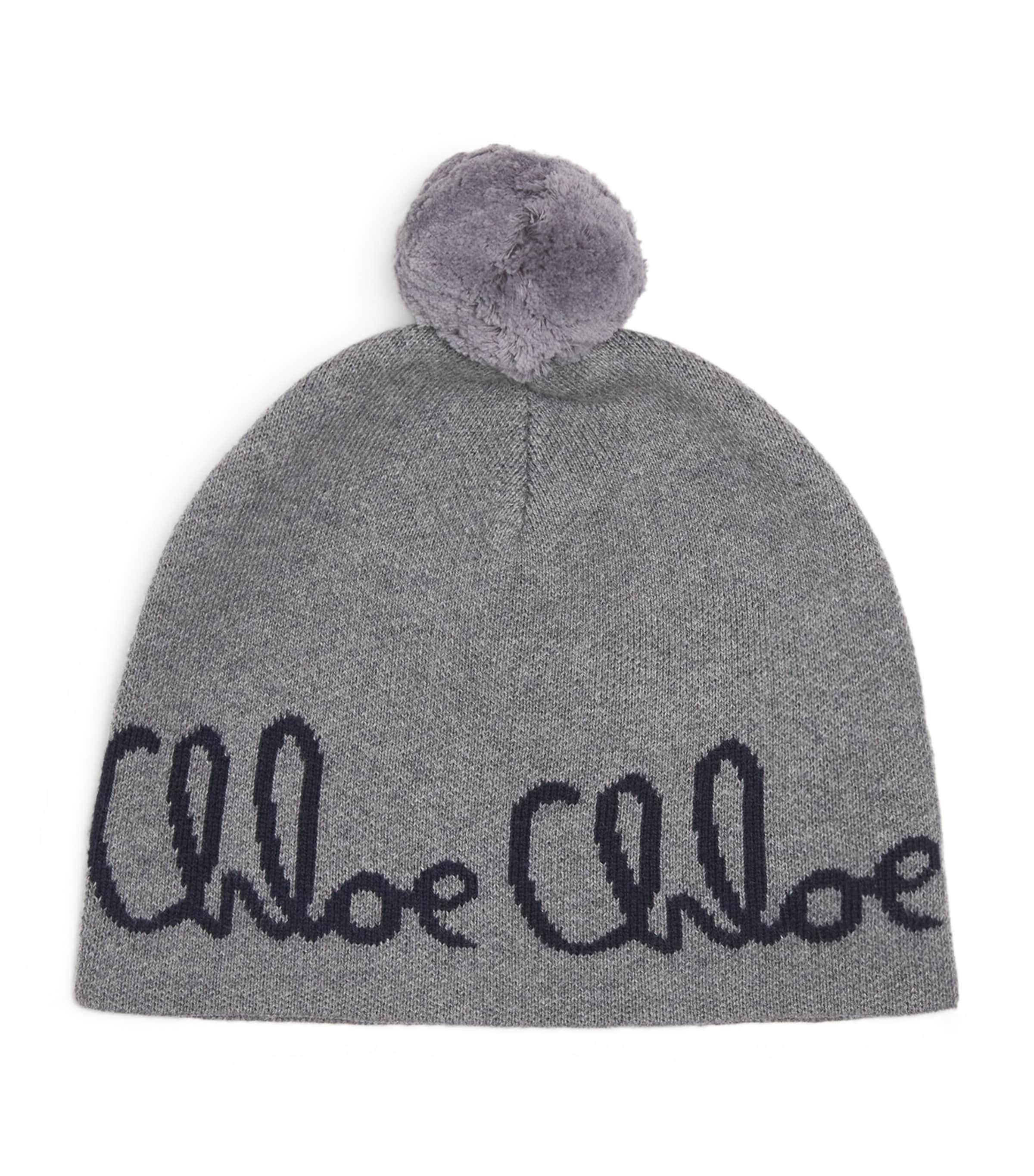 Chloé Heather Grey Kids' Pom-pom Cotton And Wool Beanie In Gray